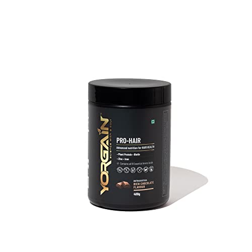 Yorgain Pro-Hair Plant Protein Powder for Hair Growth & Thickness - 70% Protein Per Scoop | Hair Fall Treatment Supplement with Multivitamins | Chocolate Flavor 400g | For Damaged Hair Repair & Daily Hair Nutrition