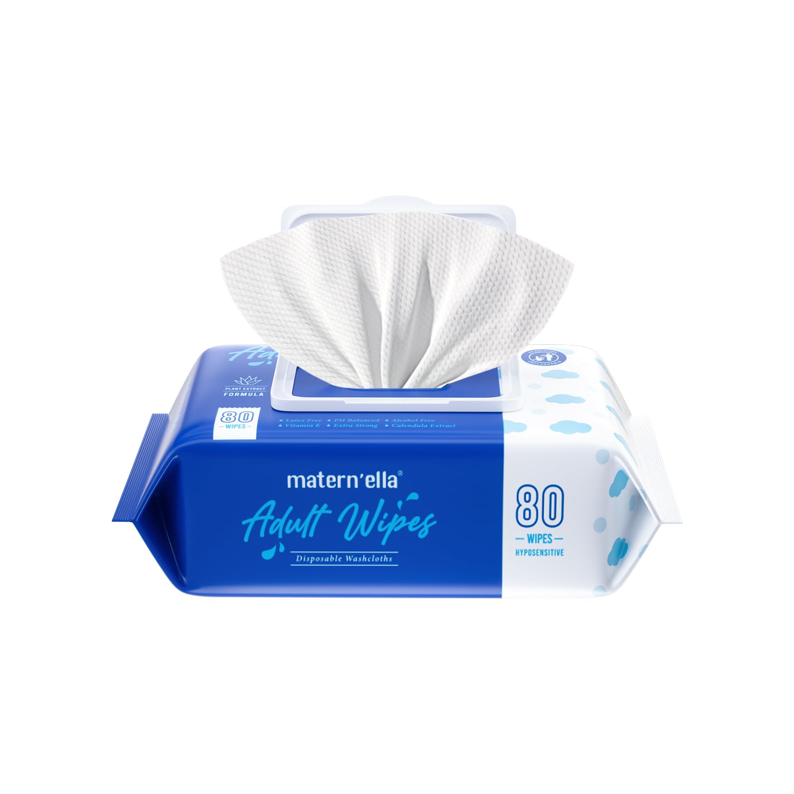 MATERN'ELLA Adult Wet Wipes for Incontinence Care - 80 Count Alcohol-Free Cleansing Wash Cloths with 99% Water, Gentle for Elderly & Personal Hygiene - Ideal for Home Care, Travel & Hospital Use
