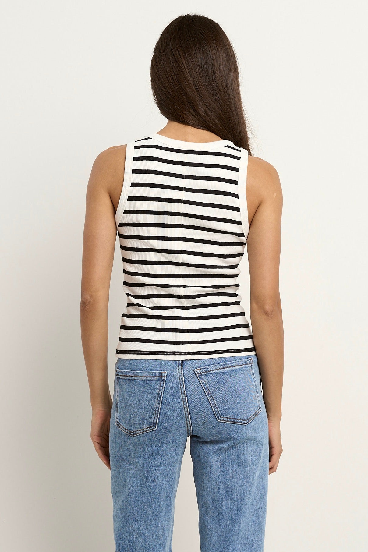 Cobble White & Black Stripe Rib Cutaway Tank Top for Women - Casual Summer T-Shirt for Outfits, Beach, and Layering