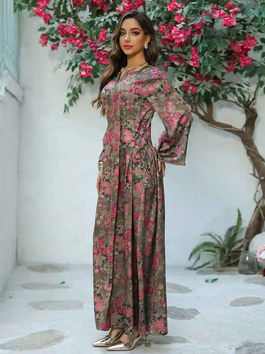 Elegant Eid Printed Hotfix Rhinestone Caftan Dress for Women - Perfect for Celebrations, Parties & Special Occasions | Stunning Embellished Kaftan for Festive Events & Holiday Gatherings