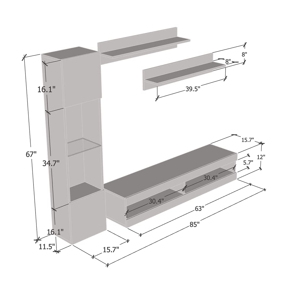 Modern White Wall-Mounted TV Stand with Storage Shelves & LED Lights - Floating Entertainment Center Console for Bedroom & Living Room - Perfect for Small Spaces & Home Theater Setup - Meble Furniture Fly G3 34TV Stand