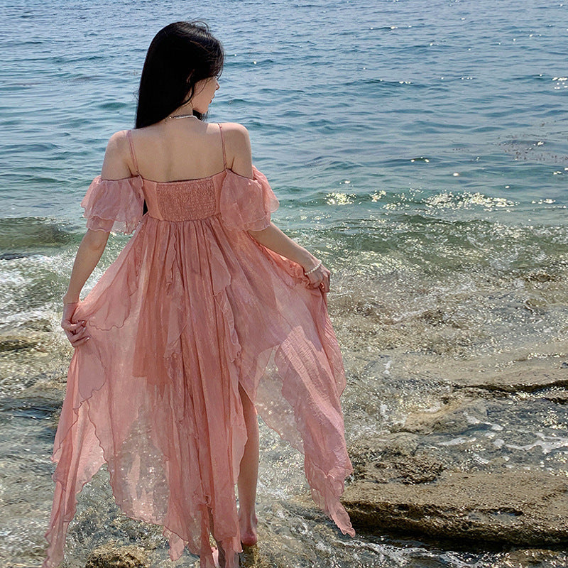 Elegant French Fairy Ruffles Long Dress - Off Shoulder Thin Strap Summer Maxi Dress for Women | Perfect for Beach Vacations, Weddings & Date Nights