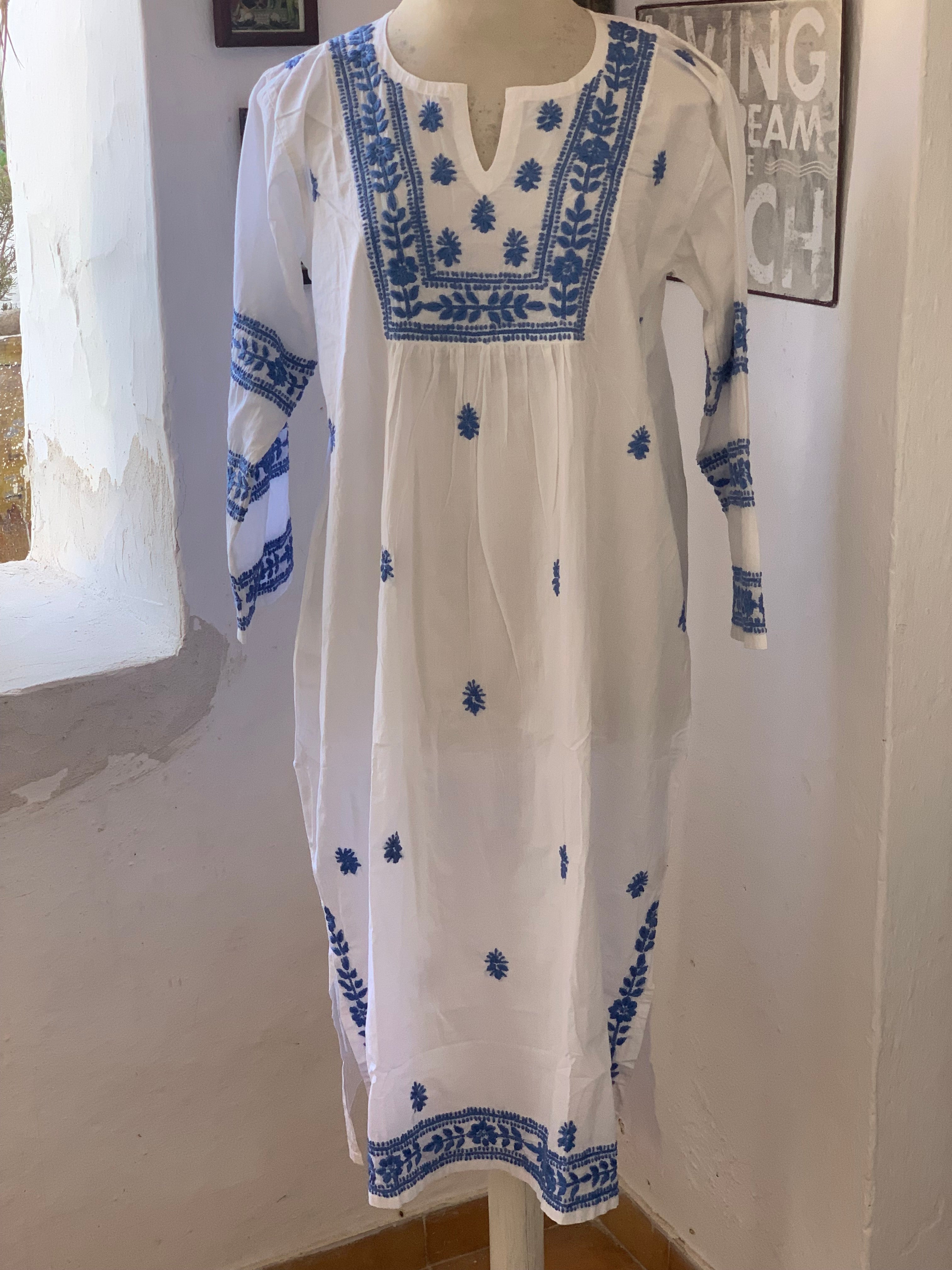 Hand Embroidered White Mumbai Dress with Sky Blue Details – Perfect for Weddings, Parties & Festive Occasions