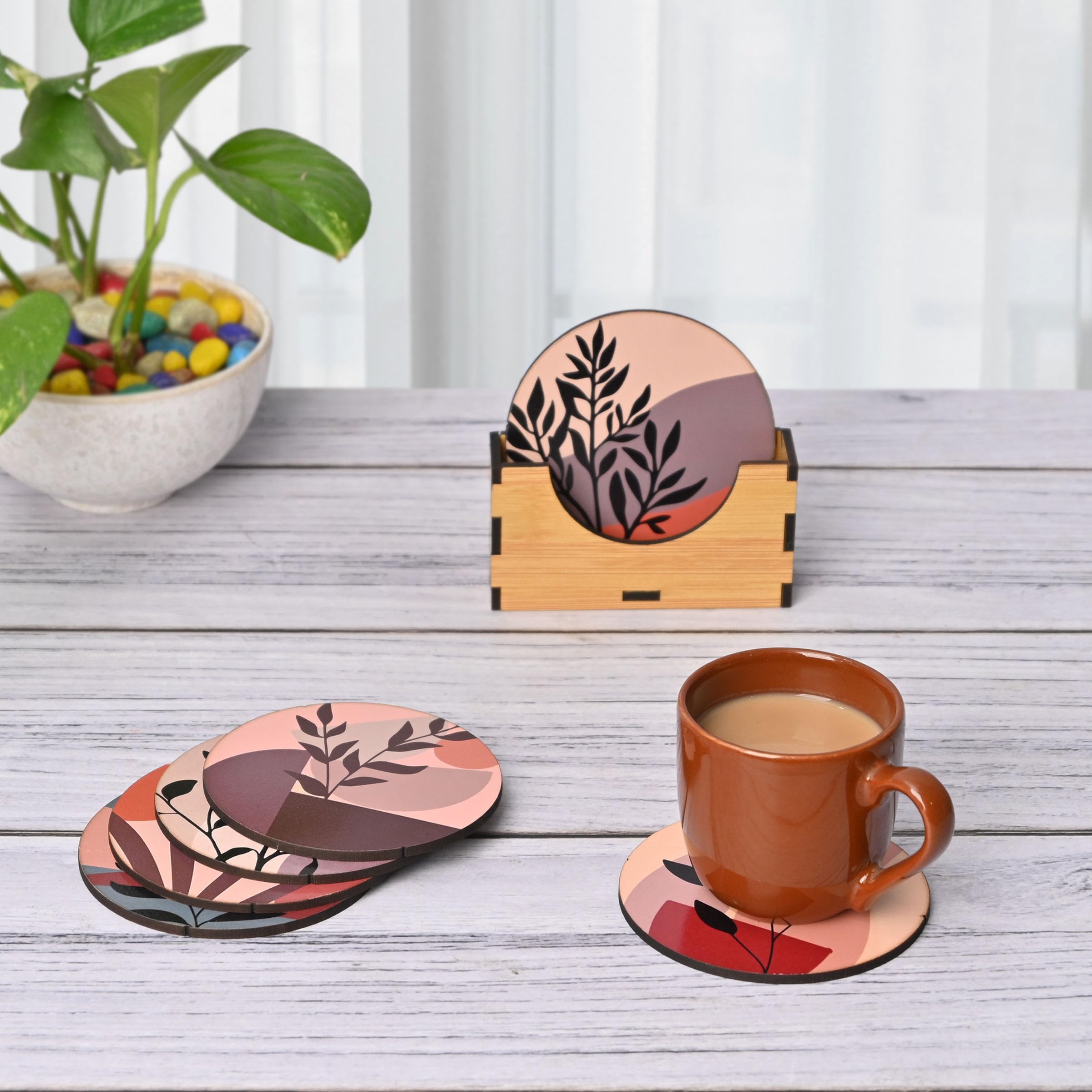 GKD Set of 6 Modern Art Wooden Coasters - 3.8 x 3.8 Inch Eco-Friendly Drink Coasters for Coffee, Tea & Glasses - Perfect for Home, Office & Restaurant Use