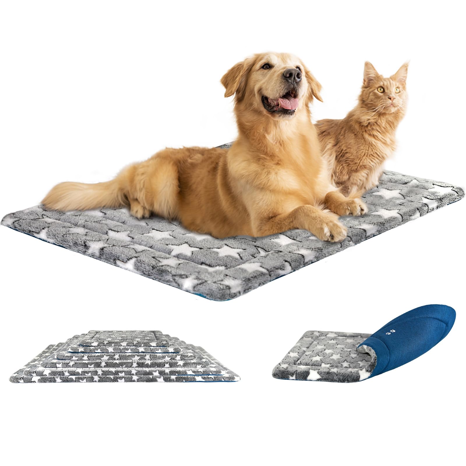 KROSER Reversible Dog Crate Pad - Cooling & Warming Pet Bed Mat, Machine Washable Dog Bed for Small to XXX-Large Dogs (Grey, Navy, Star Pattern) - Perfect for Crates, Kennels & Home Use