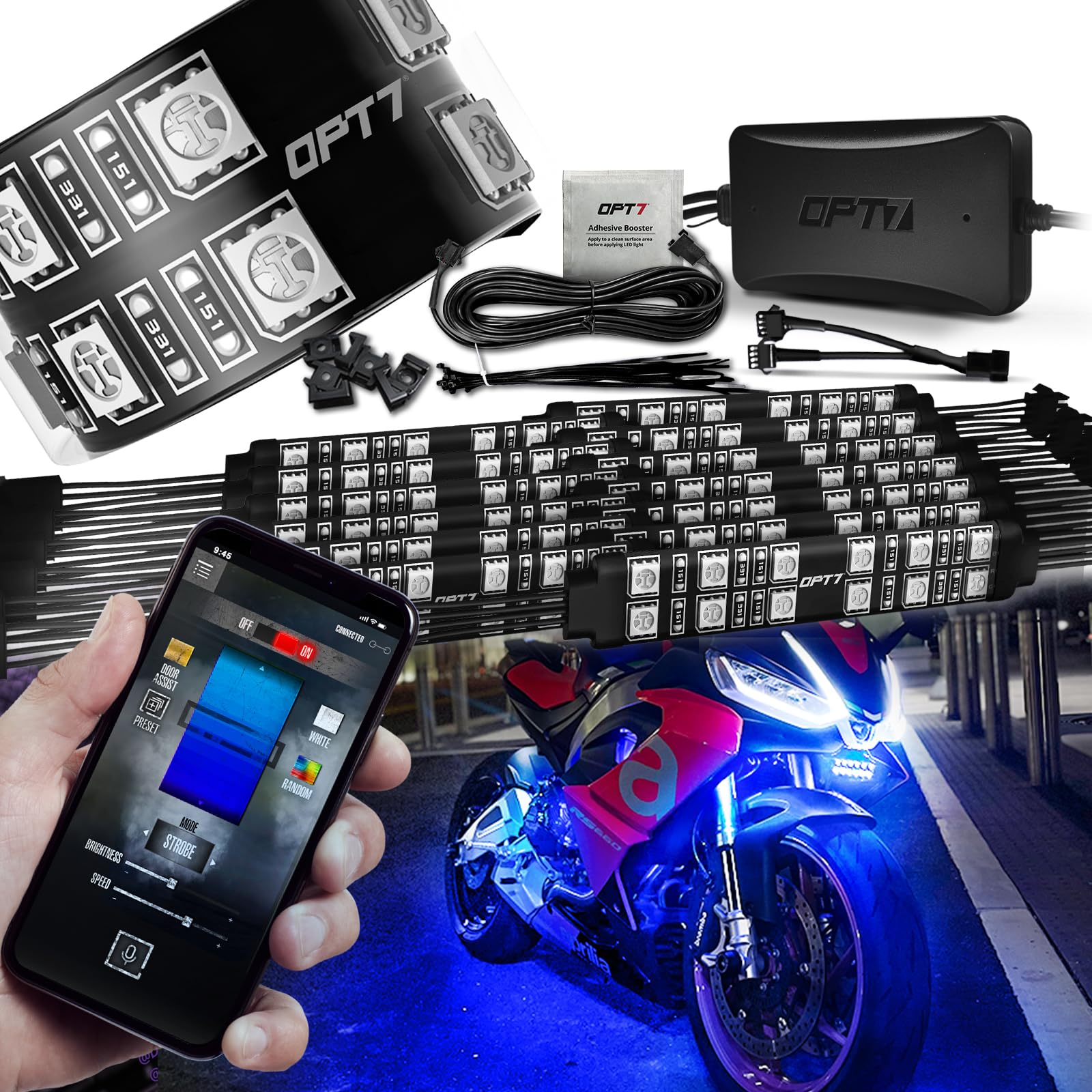 OPT7 Aura Pro Motorcycle LED Underglow Light Kit - RGB Multi-Color Bluetooth APP Control, Smart Brake Function, 14pc Waterproof Strips for Bike Customization (IP67, 12V, iOS/Android) - Perfect for Night Riding, Car Shows & Motorcycle Customization