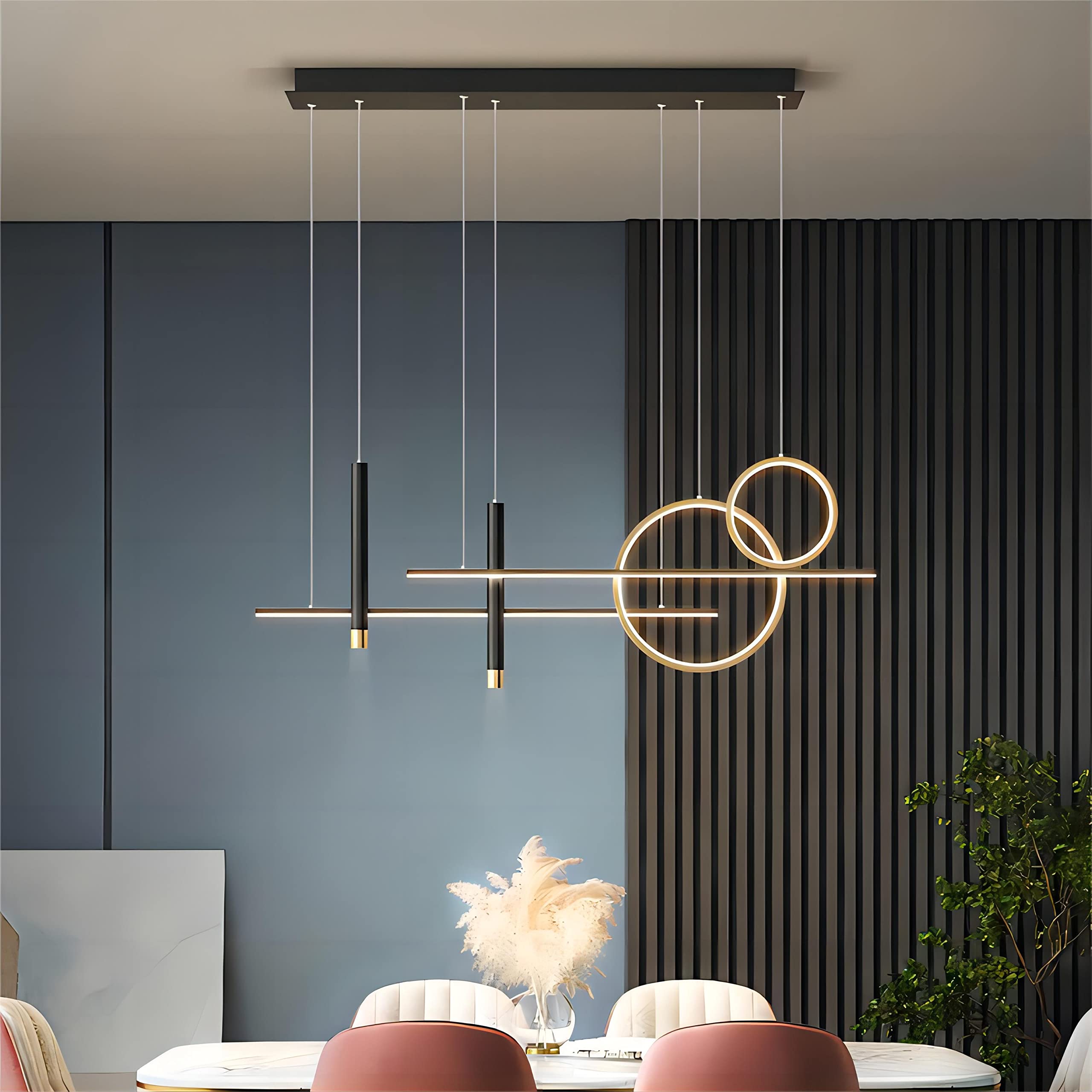 6-Light LED Island Pendant Light - 39.4 Inch Modern Geometric Linear Hanging Light with Remote Control & Dimmable Brightness for Kitchen Island, Dining Room & Living Room - Black Contemporary Lighting Fixture