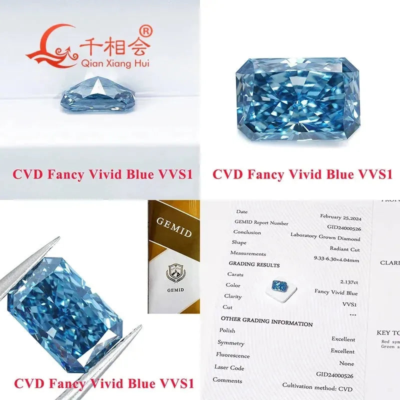 1.6ct & 2ct Lab Grown CVD Diamond - Fancy Vivid Blue VS1 Clarity Radiant Shape GEMID Certified Loose Stone for Engagement Rings & Fine Jewelry
