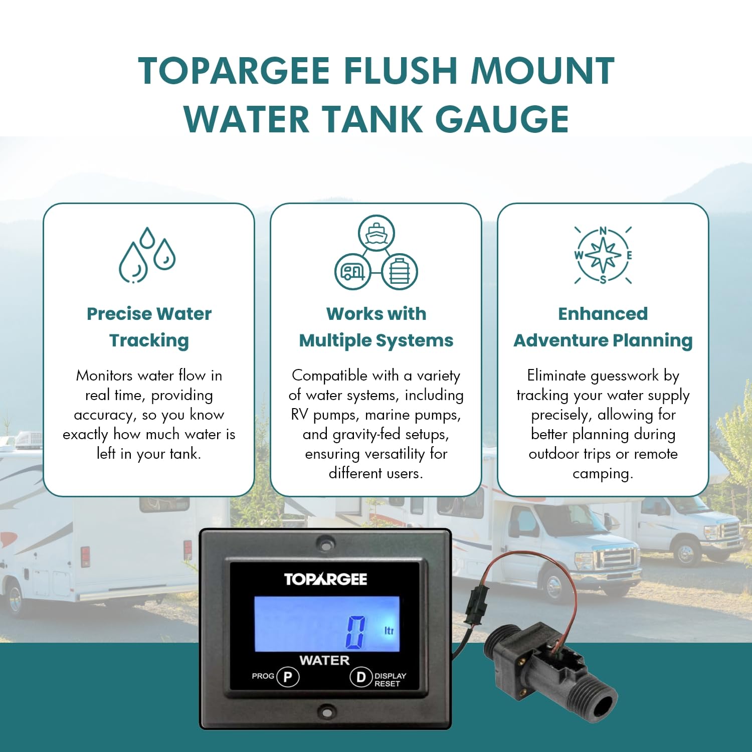 Topargee Flush Mount Water Tank Gauge H2F-FM - Accurate Water Level Monitor for RV, Boat & Home Use - Measures in Liters/Gallons - Know Exact Water Remaining for Camping, Travel & Emergency Preparedness
