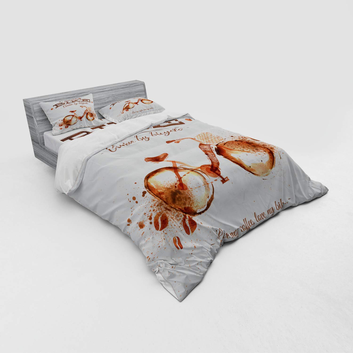Ambesonne Coffee Art 4-Piece Queen Size Bedding Set - Dark Orange Chocolate Duvet Cover with Shams & Fitted Sheet - Coffee Lover Gift, Bike Theme Design for Bedroom Decor - Perfect for Cozy Mornings & Coffee Enthusiast Home Styling