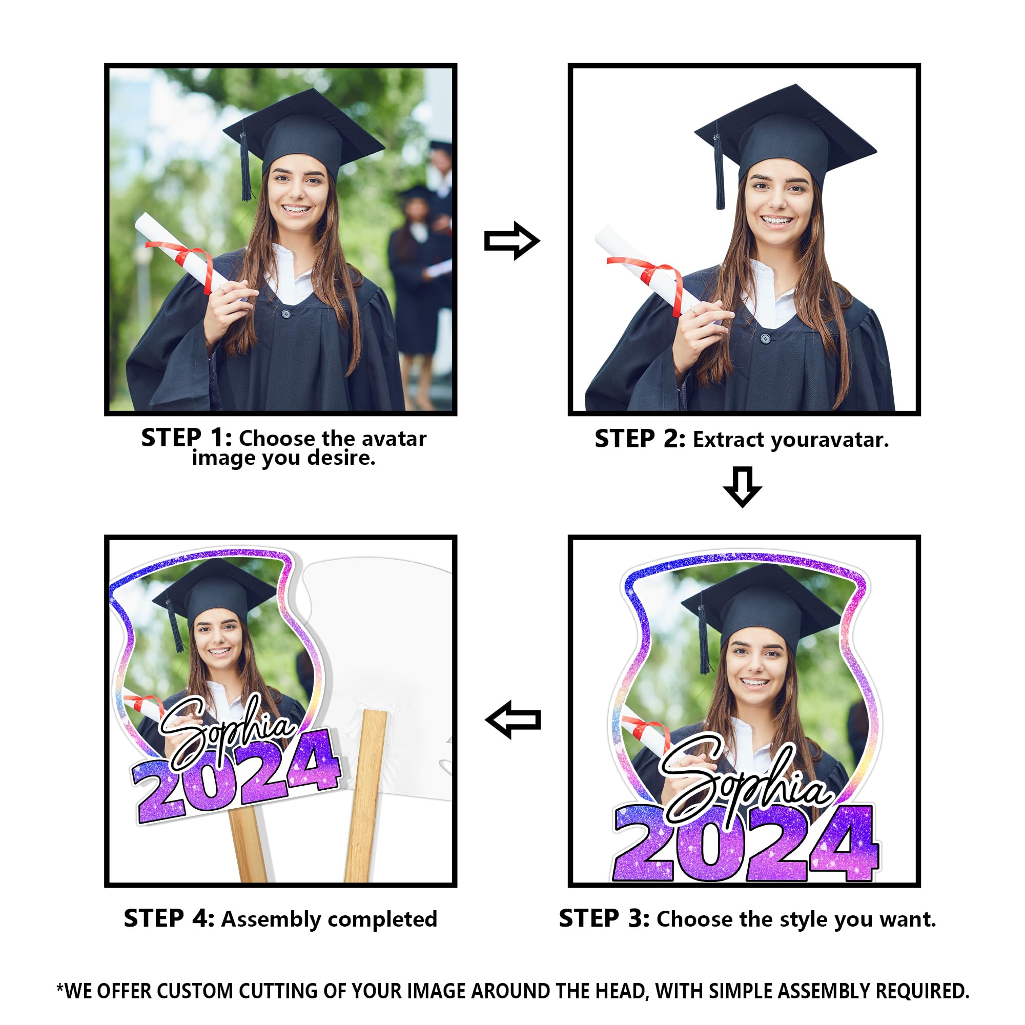 Custom Graduation Fan Gifts with Photo - Personalized Cardboard Cutouts for 2024 Graduates | Big Head on Stick for Him & Her | Perfect for Graduation Parties, Decorations & Celebrations