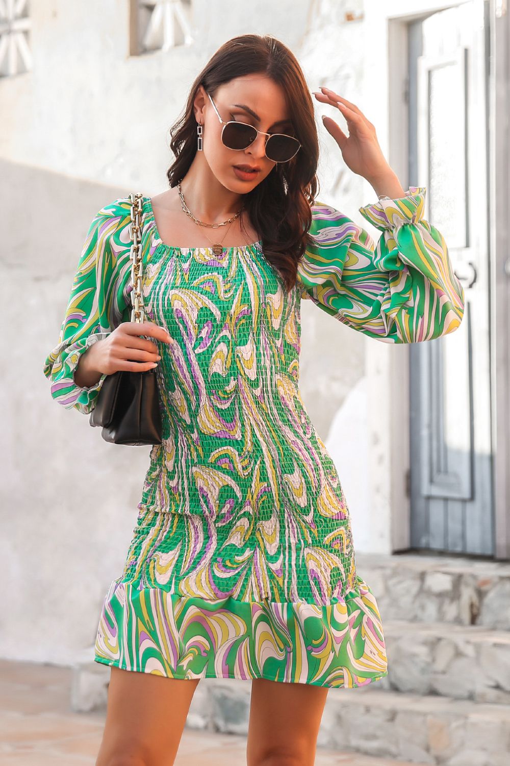 Abstract Print Square Neck Smocked Dress - Flowy Summer Midi Dress for Women | Beach Vacation, Garden Party & Date Night Outfit