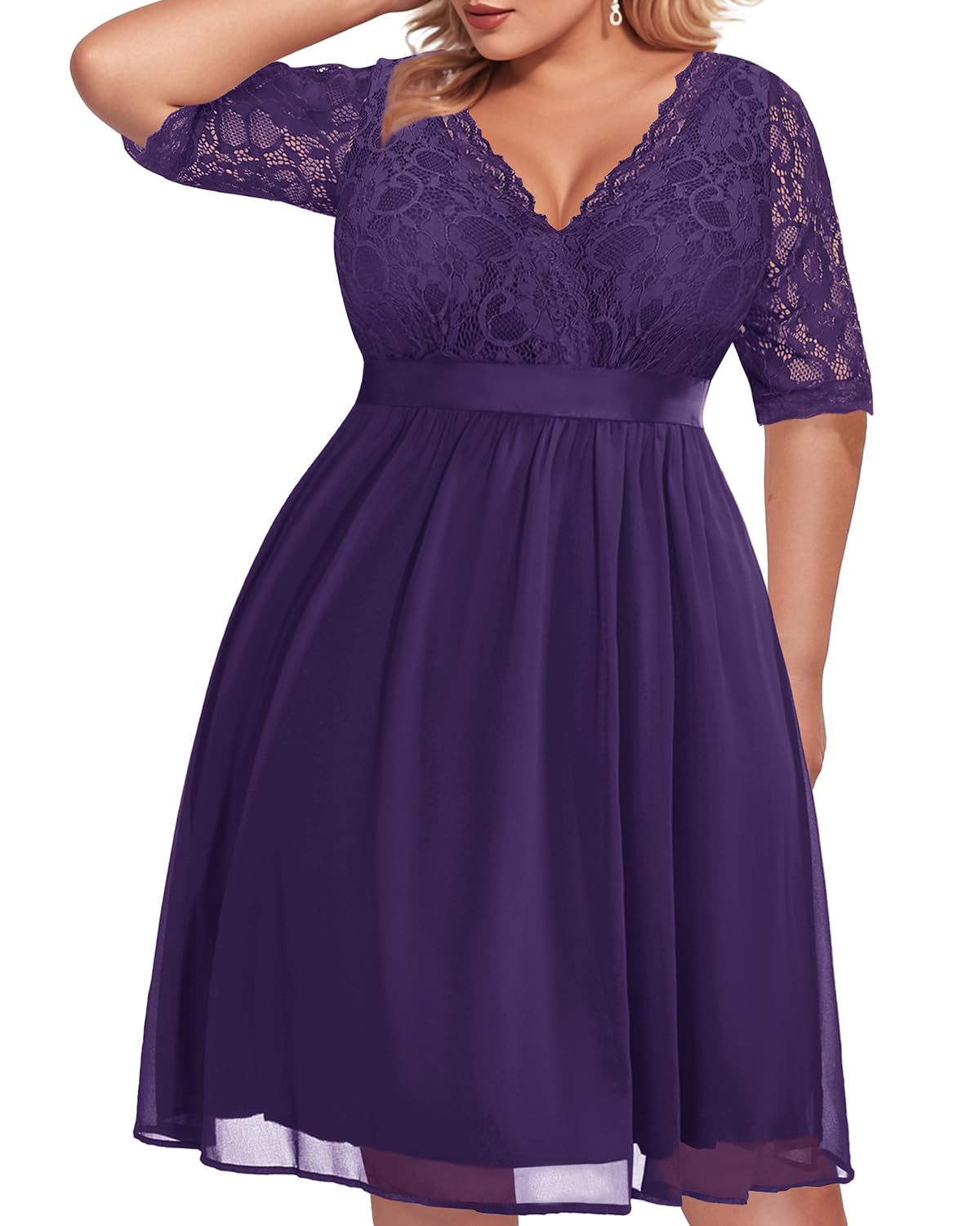 Plus Size Lace Chiffon Wrap V-Neck Cocktail Dress for Women | Elegant Wedding Guest Midi Dress | Perfect for Parties, Date Nights & Special Occasions