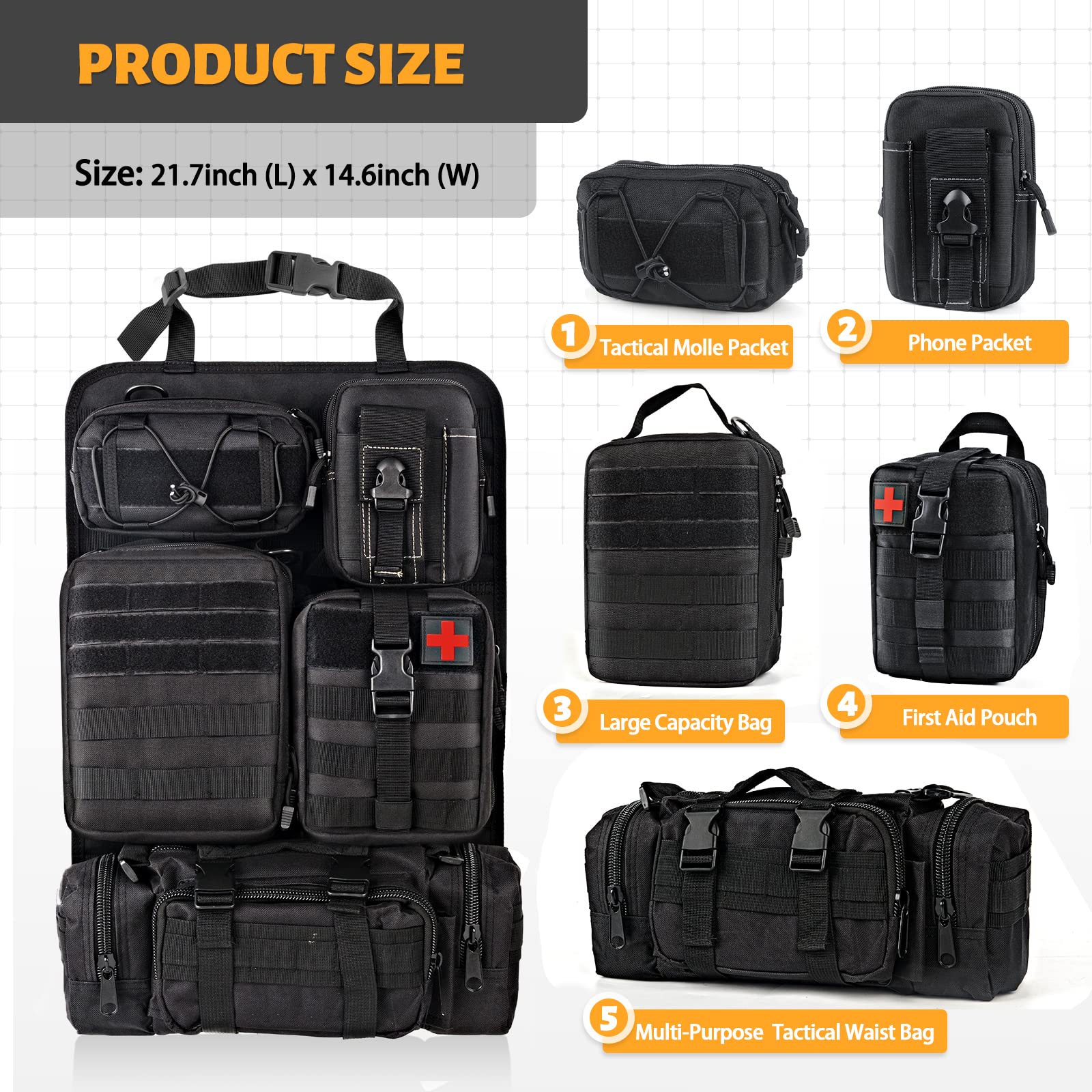 MAIKER Tactical Car Seat Back Organizer - 5 Detachable MOLLE Pouch Vehicle Organizer with Storage Pockets, Universal Fit for SUV, Truck & Jeep (Black) - Perfect for Road Trips, Camping & Outdoor Adventures