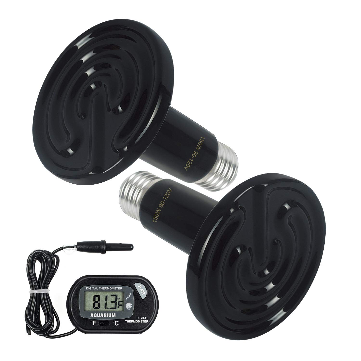 150W Ceramic Heat Emitter Bulb 2-Pack with Digital Thermometer - No Light Reptile Heating Lamp for Lizards, Snakes, Turtles & Chicken Coops - Safe Pet Brooder Heater for Terrariums & Aquariums - Ideal for Nighttime Heating Without Disturbing Your Pets