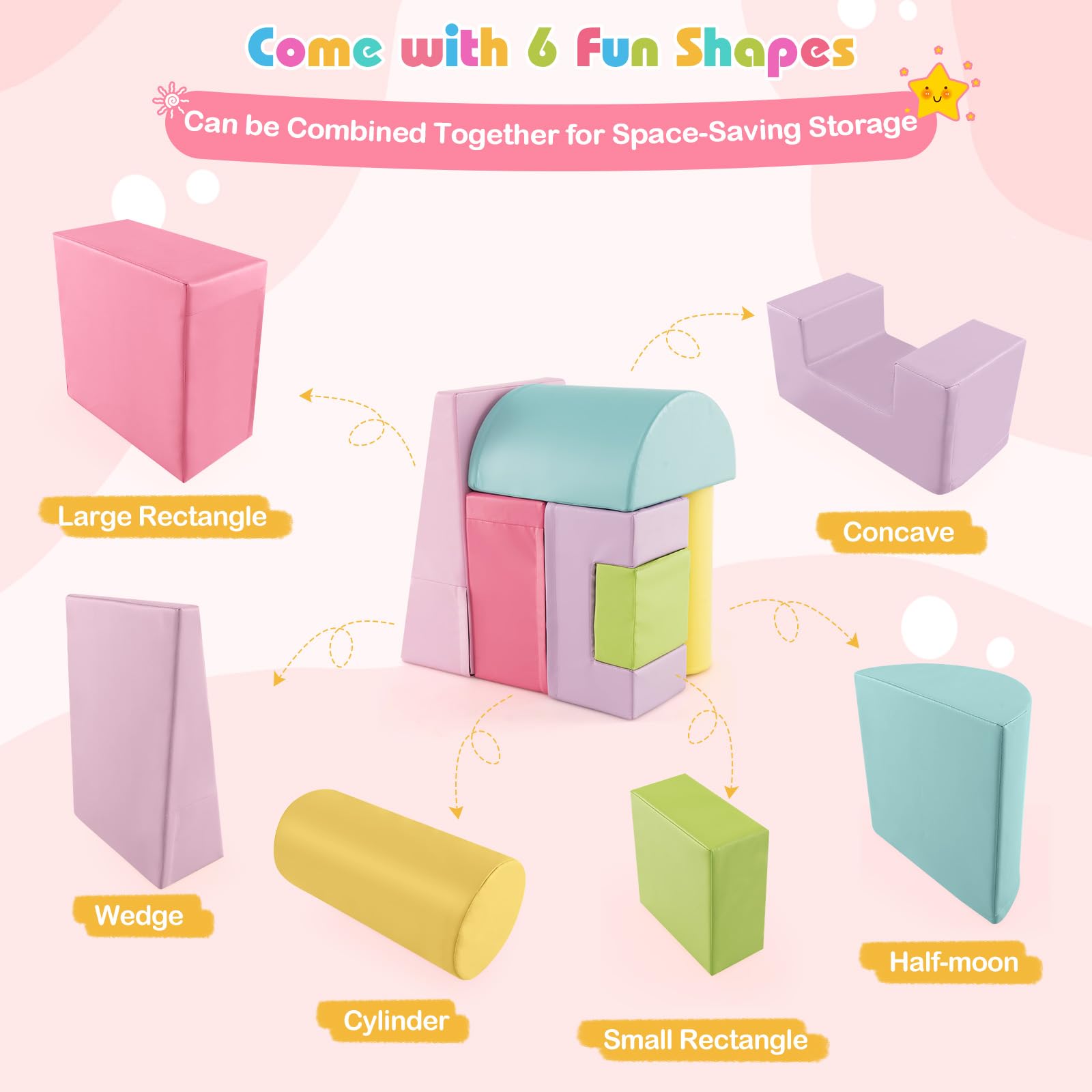 KOTEK 6-Piece Soft Foam Climbing and Crawling Play Set for Toddlers - Safe Indoor Playground Blocks for Climbing, Sliding & Active Play - Perfect for Home, Daycare & Preschool (Pink)