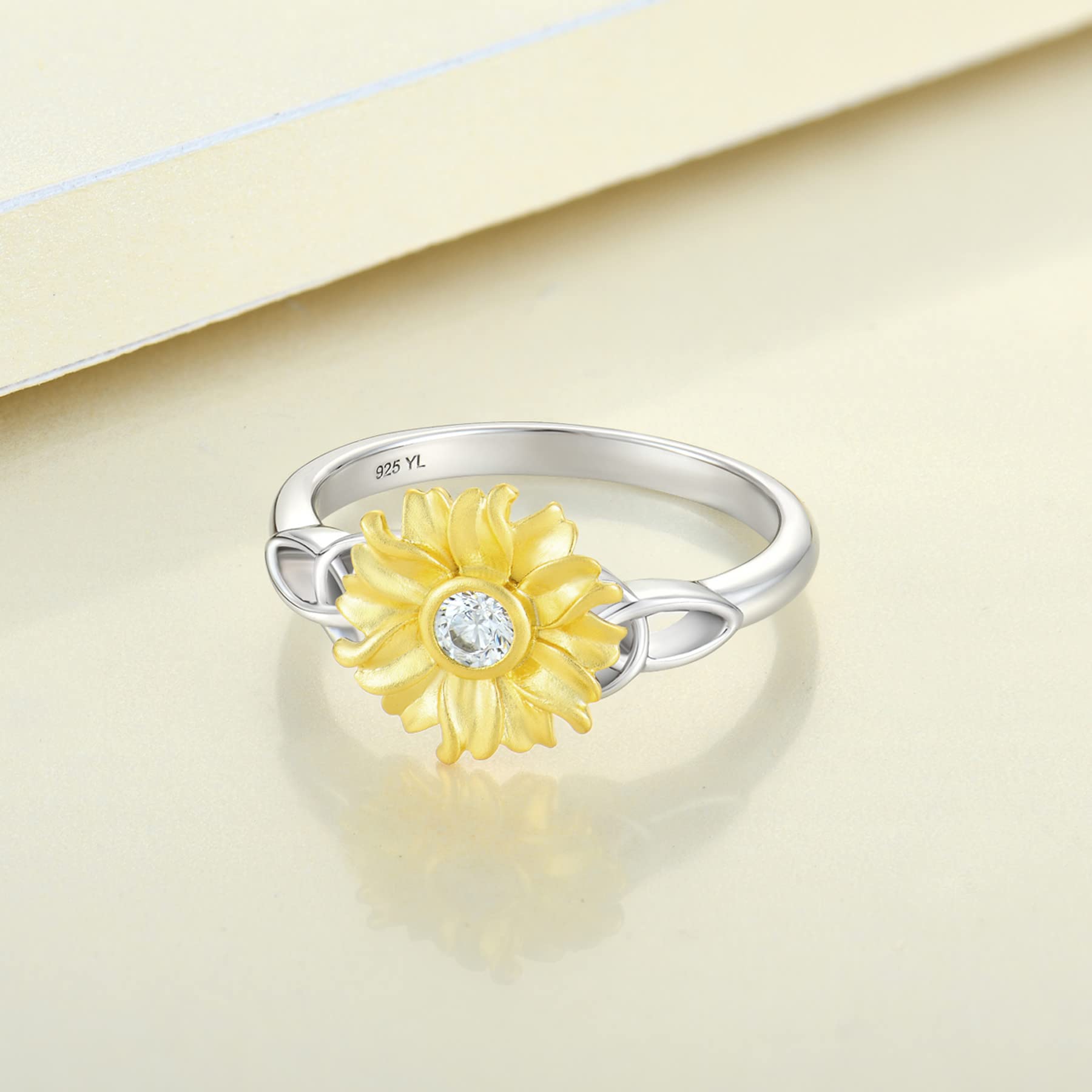 YL Sunflower Rings for Women - 925 Sterling Silver Infinity Rings with Cubic Zirconia Flower Jewelry - Perfect for Everyday Wear, Gift Giving & Special Occasions