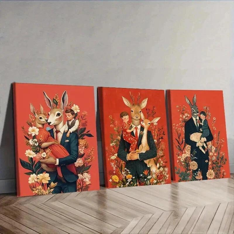 3-Piece Mr. Rabbit & Wife Floral Canvas Wall Art Set - 50x70cm Framed Prints | High Quality Australian Made | Perfect for Living Room, Bedroom & Nursery Decor