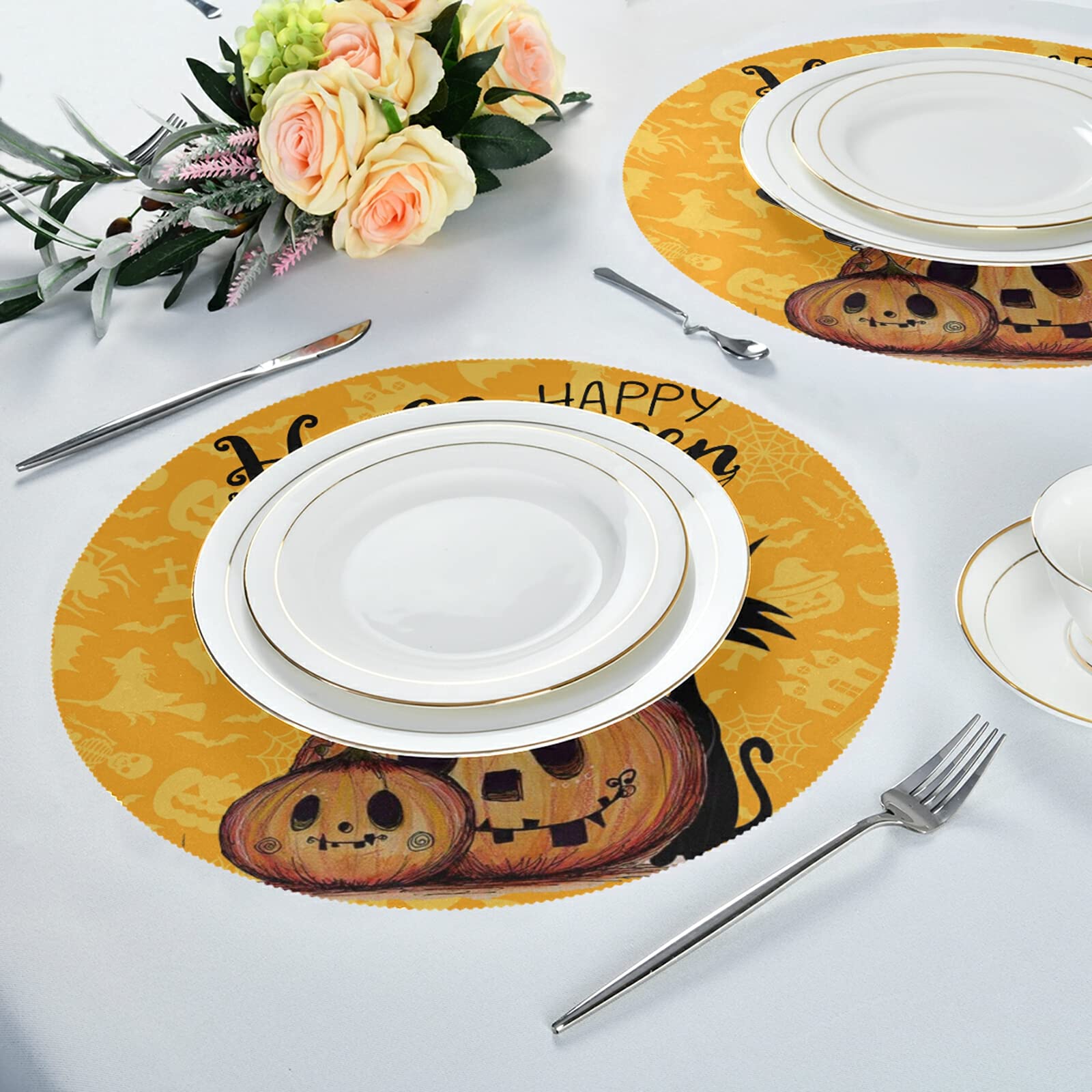 Halloween Placemats Set of 4 - 15 Inch Round Pumpkin Table Mats for Dining, Fall & Thanksgiving Decor | Waterproof & Durable for Holiday Parties, Family Gatherings & Seasonal Home Decor