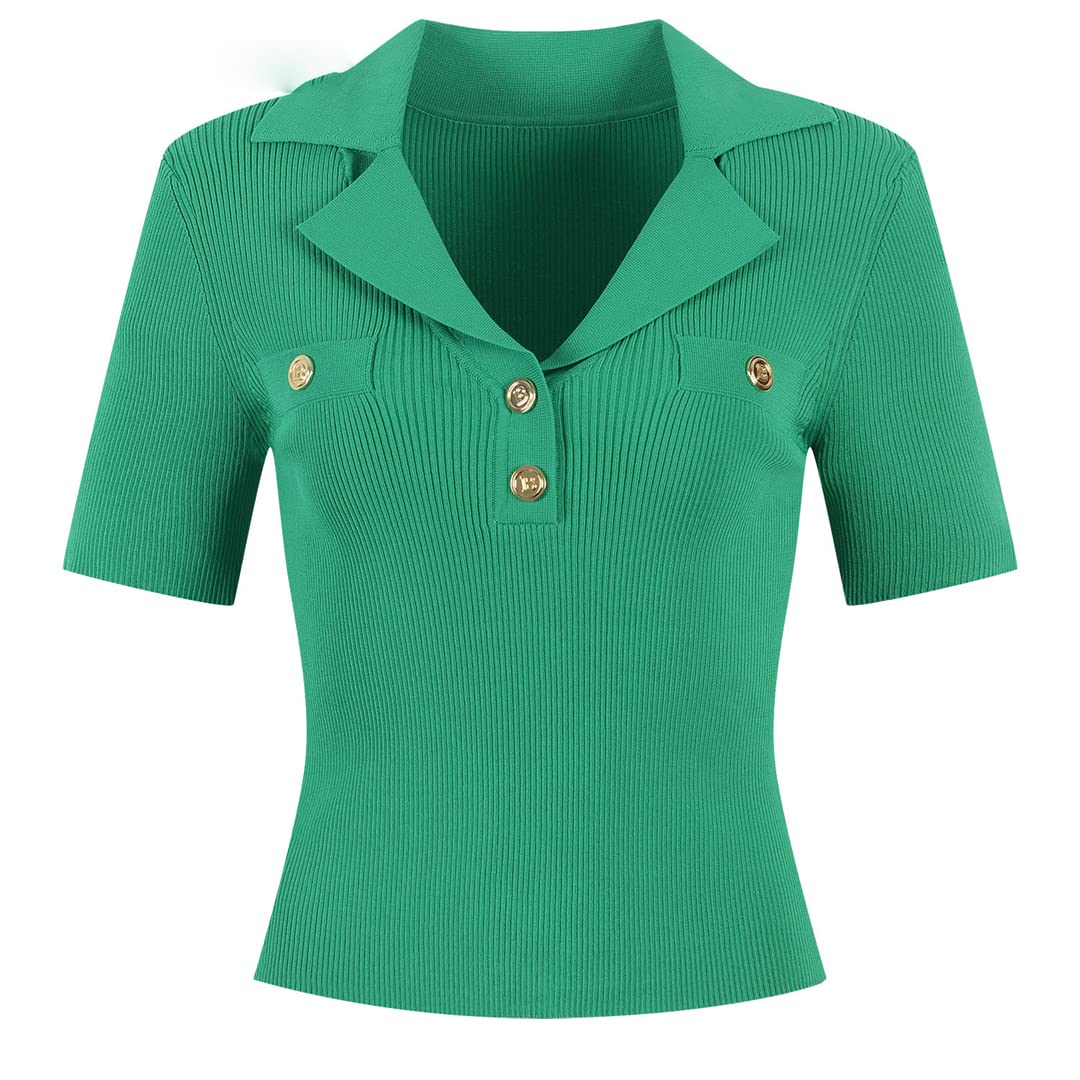 Women's Summer Casual Short Sleeve Knitted Sweater with Gold Buttons - Pink (Size M) | Perfect for Beach Outings, Date Nights & Office Wear