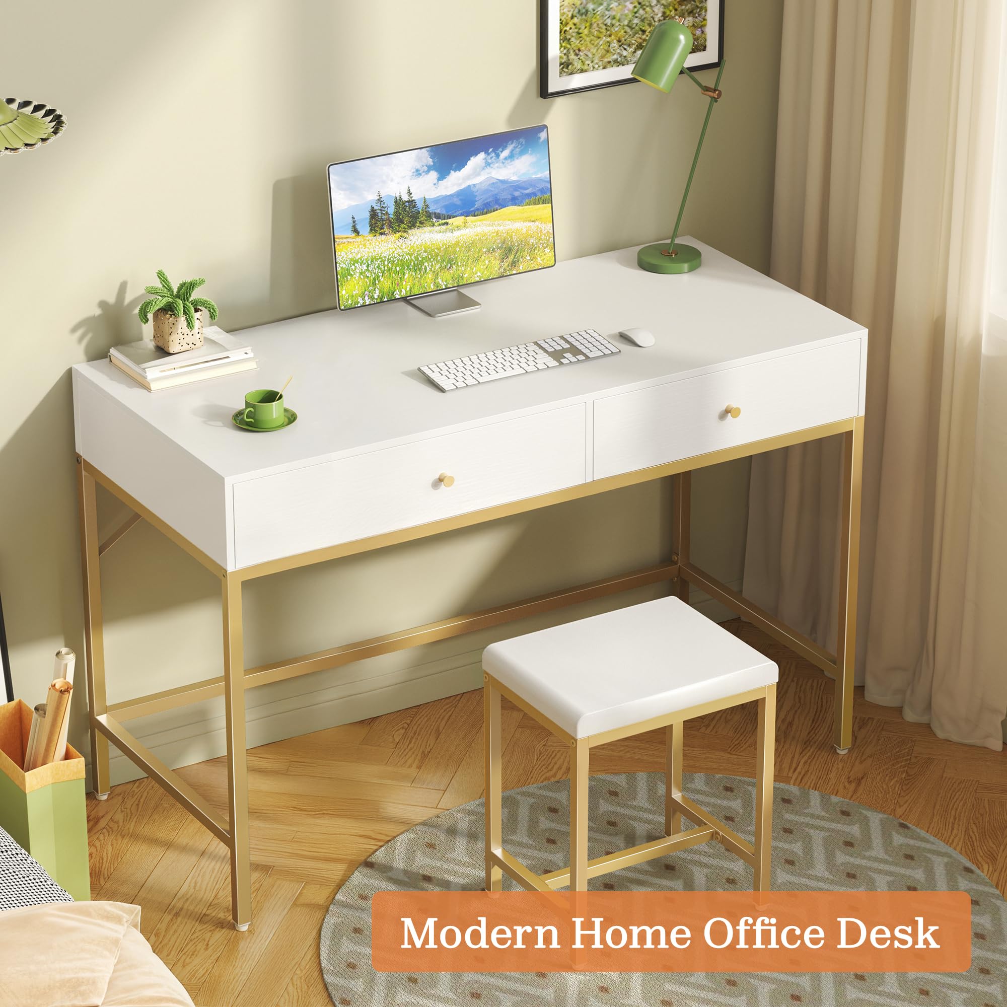 SUPERJARE 43-inch White and Gold Vanity Desk with 2 Drawers & Padded Stool - Modern Makeup Dressing Table, Computer Desk with Storage, Home Office Writing Desk for Bedroom, Study & Small Spaces