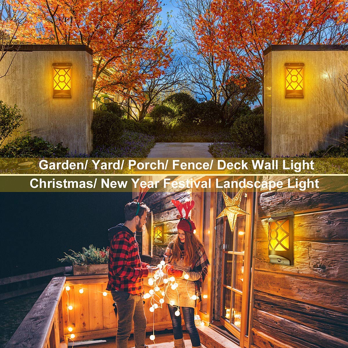 Solar Flame Lights Outdoor - 66 LED Waterproof Flickering Fire Effect Wall Lanterns for Garden, Fence, Patio & Deck | Auto On/Off Solar Powered Christmas Decorations | Perfect for Halloween, Backyard Parties & Holiday Lighting Displays