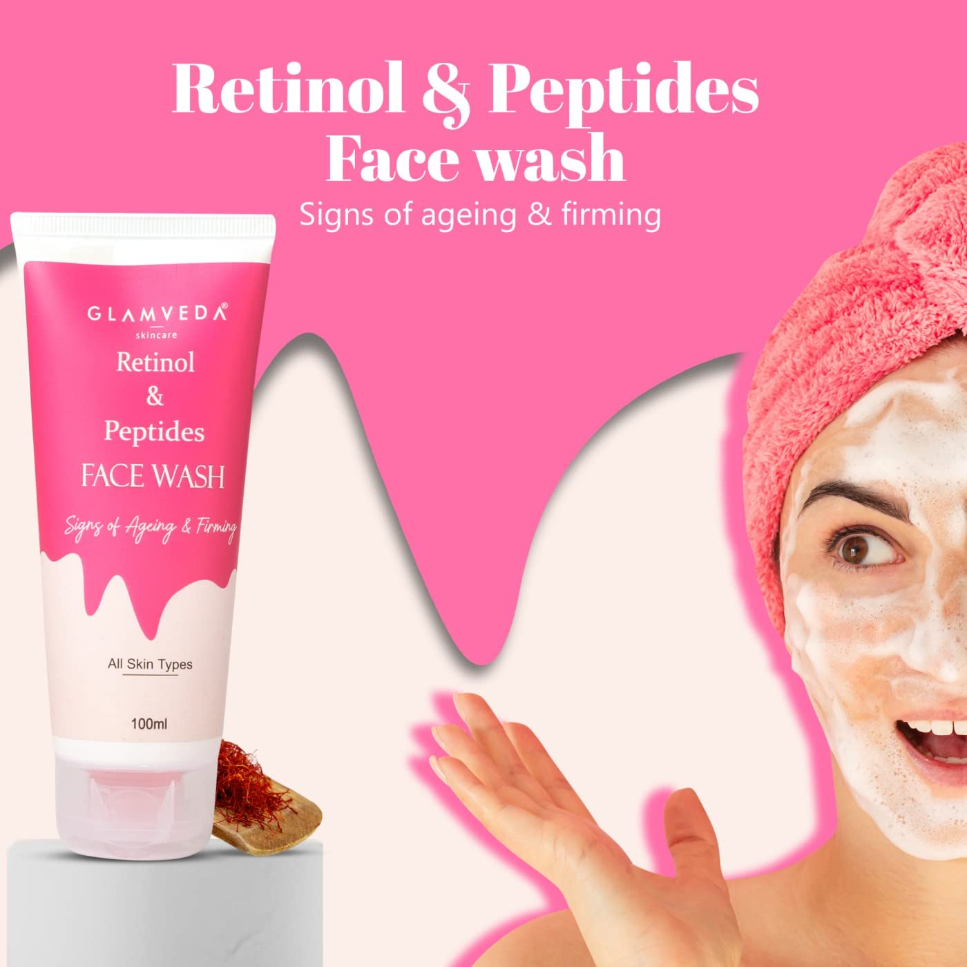 Glamveda Retinol & Saffron Anti-Aging Face Wash for Youthful Glowing Skin - Reduces Wrinkles & Fine Lines - Paraben-Free, SLS-Free, Silicone-Free - 100ml - Perfect for Daily Skincare Routine & Nighttime Anti-Aging Regimen