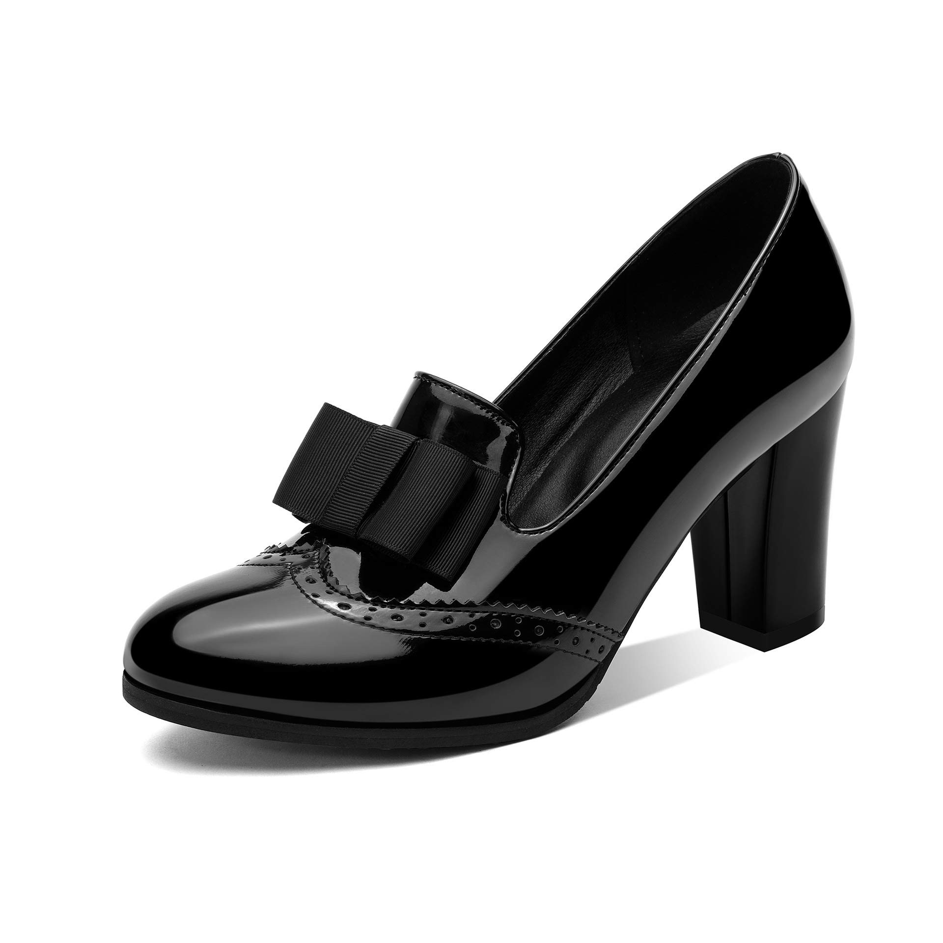 ZUQIN Women's Spring Fashion Bow Dress Pumps - Round Toe Block Heel Boots, Patent Leather Slip-On Wingtip Comfortable Office Shoes for Work, Party & Wedding Occasions