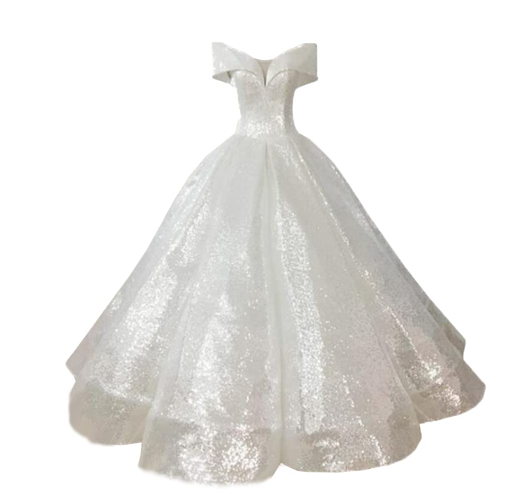 Emanni Women's Off-The-Shoulder Quinceañera Dress - Sparkling Sequin Ball Gown with Ruffled Hem in White | Perfect for Prom, Sweet 16, and Formal Evening Events