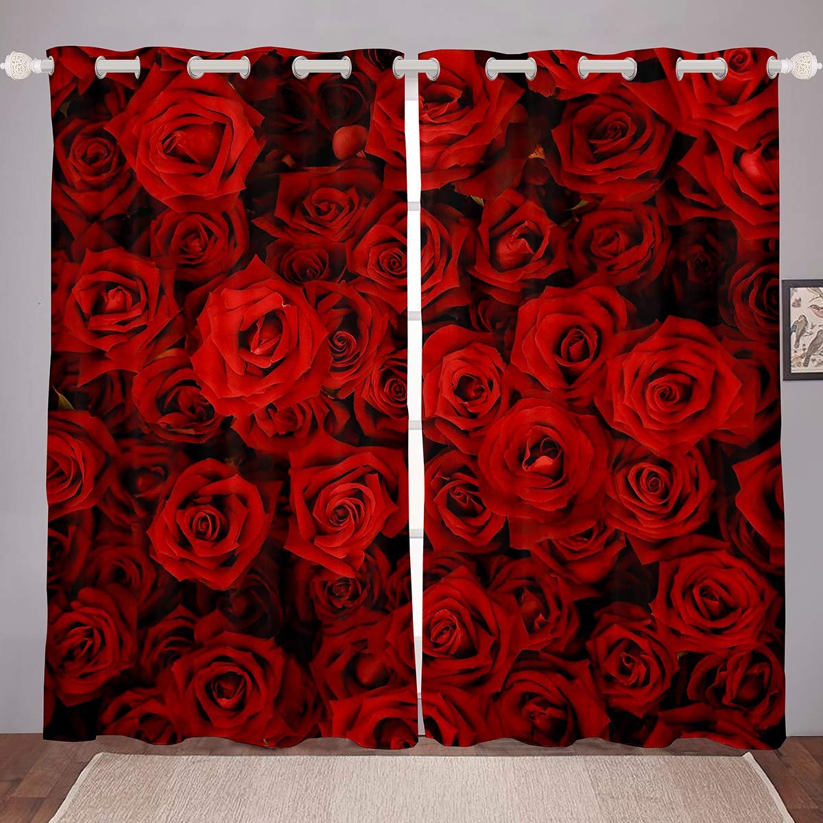 Feelyou Floral Print Curtains 42x63 Inch - 3D Rose Window Drapes for Bedroom, Living Room, Nursery | Romantic Valentine's Day Decor for Couples & Kids Room | Light Filtering Blackout Curtain Panels (Set of 2) - Perfect for Home Decor, Wedding Gift & Cozy Atmosphere