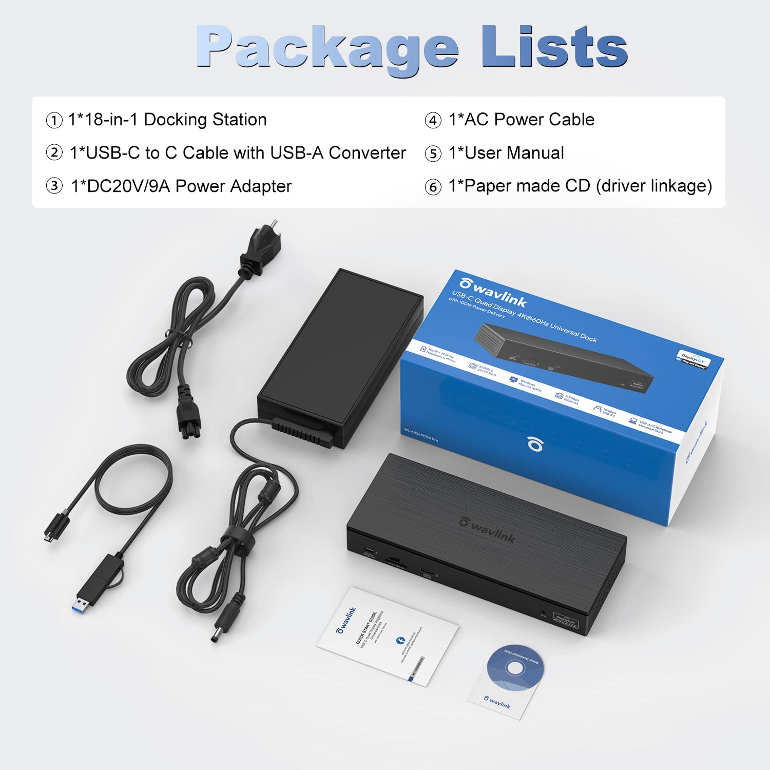 WAVLINK Quad 4K@60Hz USB C Docking Station with 100W PD Charging - Thunderbolt 3/4 & USB-C Compatible for Mac & Windows - 4 HDMI, 4 DisplayPort, SD 4.0 Card Reader, 2.5G Ethernet - Perfect for Home Office & Multi-Monitor Workstations