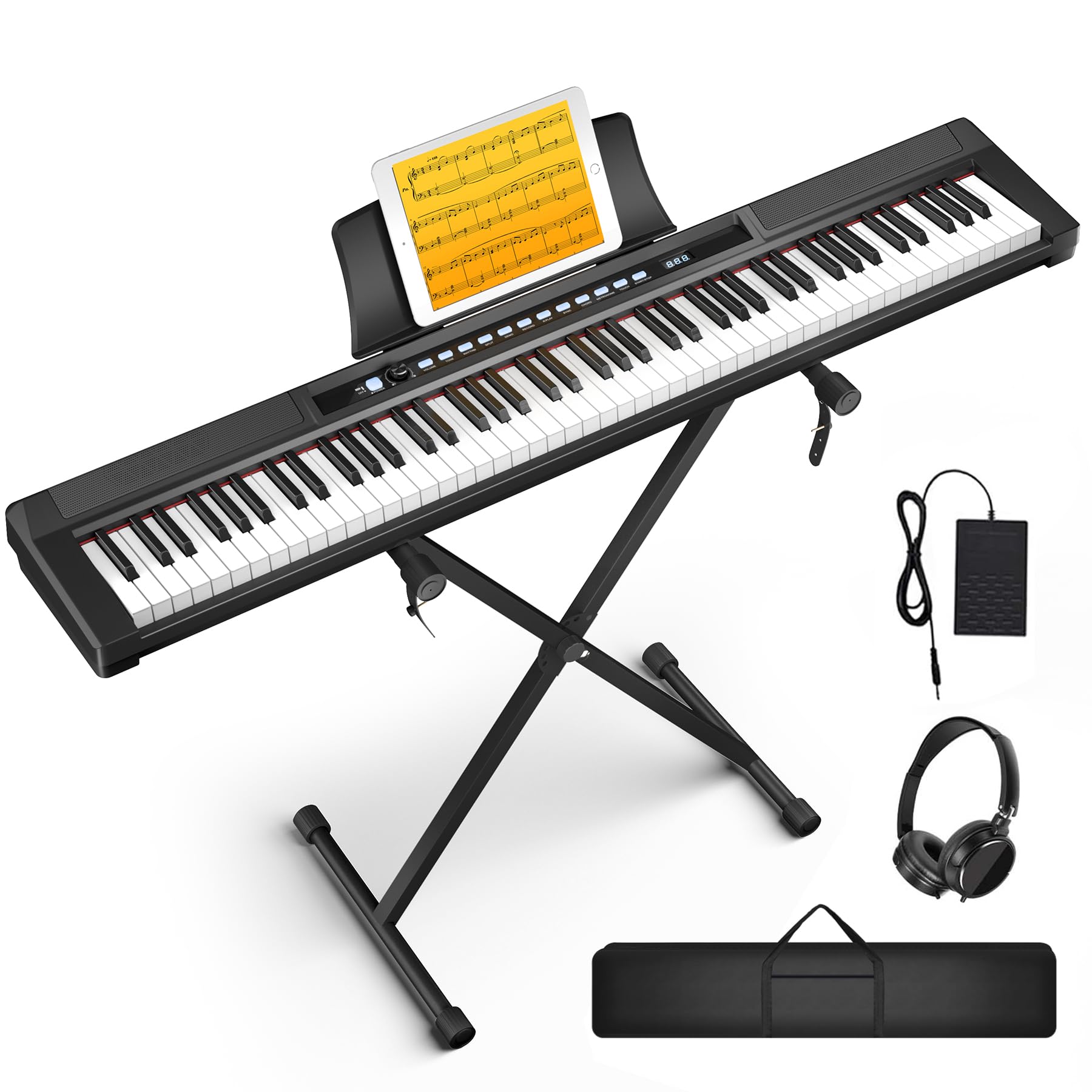 **88-Key Semi-Weighted Portable Digital Piano Keyboard Set for Beginners – Includes Stand, Carrying Case, Sustain Pedal & Headphones (Black) – Perfect for Home Practice, Studio Recording & Live Performances**