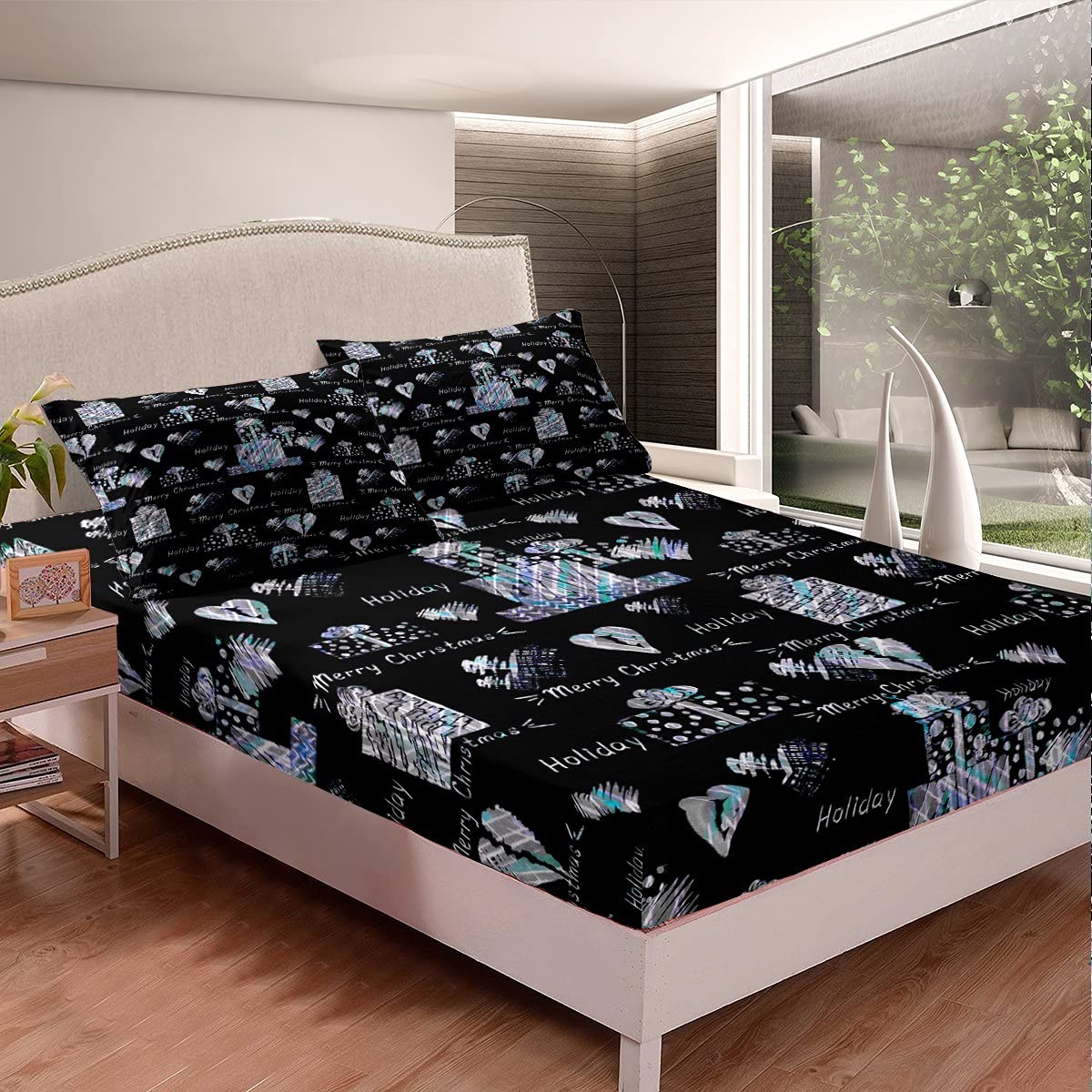Christmas Themed Kids Bedding Set - Festive Holiday Queen Size Fitted Sheet & Pillow Sham with Gift Box Design - Perfect for Children's Room Decor & Holiday Gift Giving