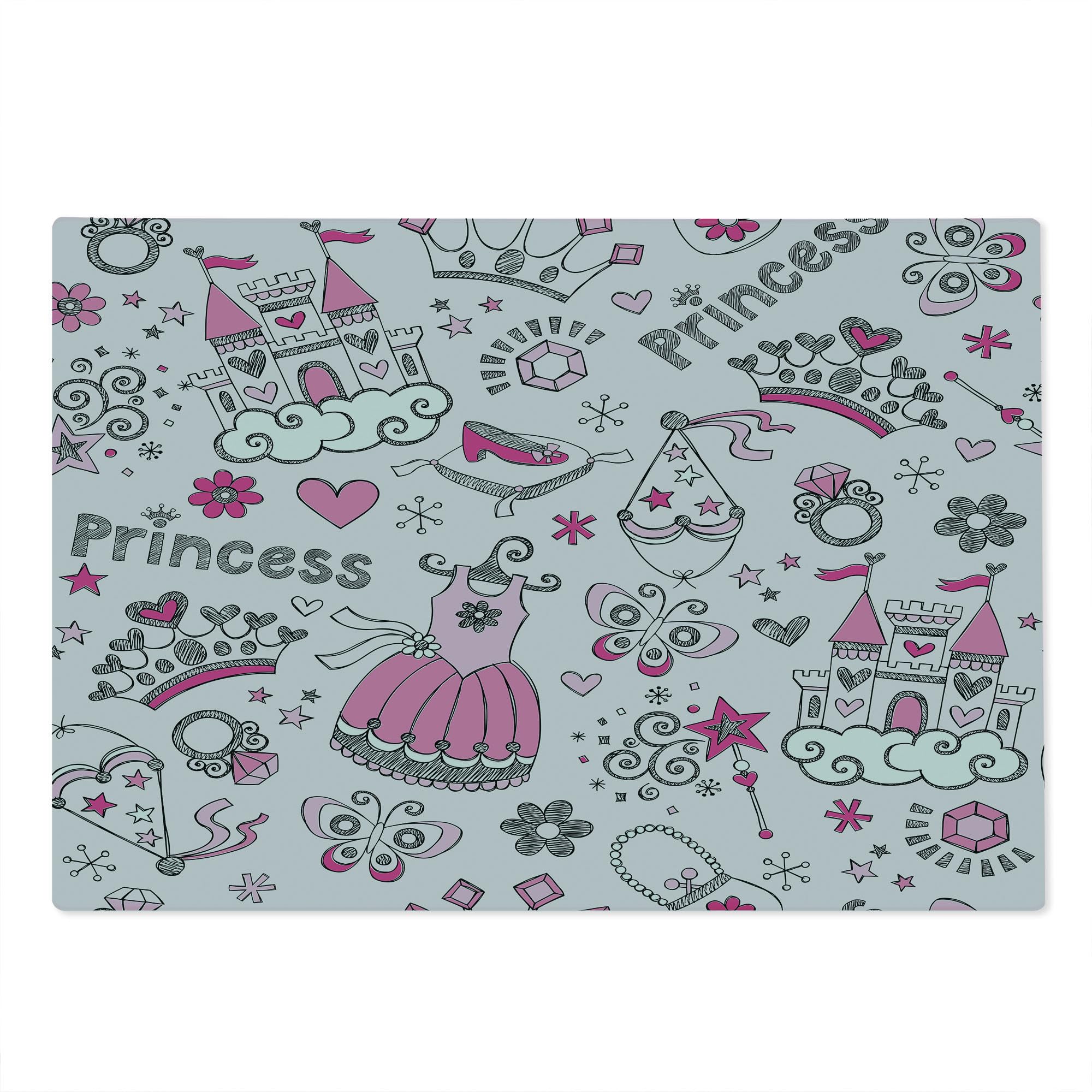 Lunarable Cartoon-Themed Tempered Glass Cutting Board - Pop Art Slipper Butterfly Heart Wand Tiara Heel Shoe Dreamland Design - Large Decorative Serving Board in Pale Pink White Grey - Perfect for Kitchen Prep, Charcuterie Display & Party Entertaining