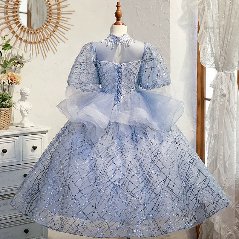 Elegant Blue Mock Neck Floor-Length Organza Flower Girl Dress – Perfect for Weddings, Pageants & Special Occasions