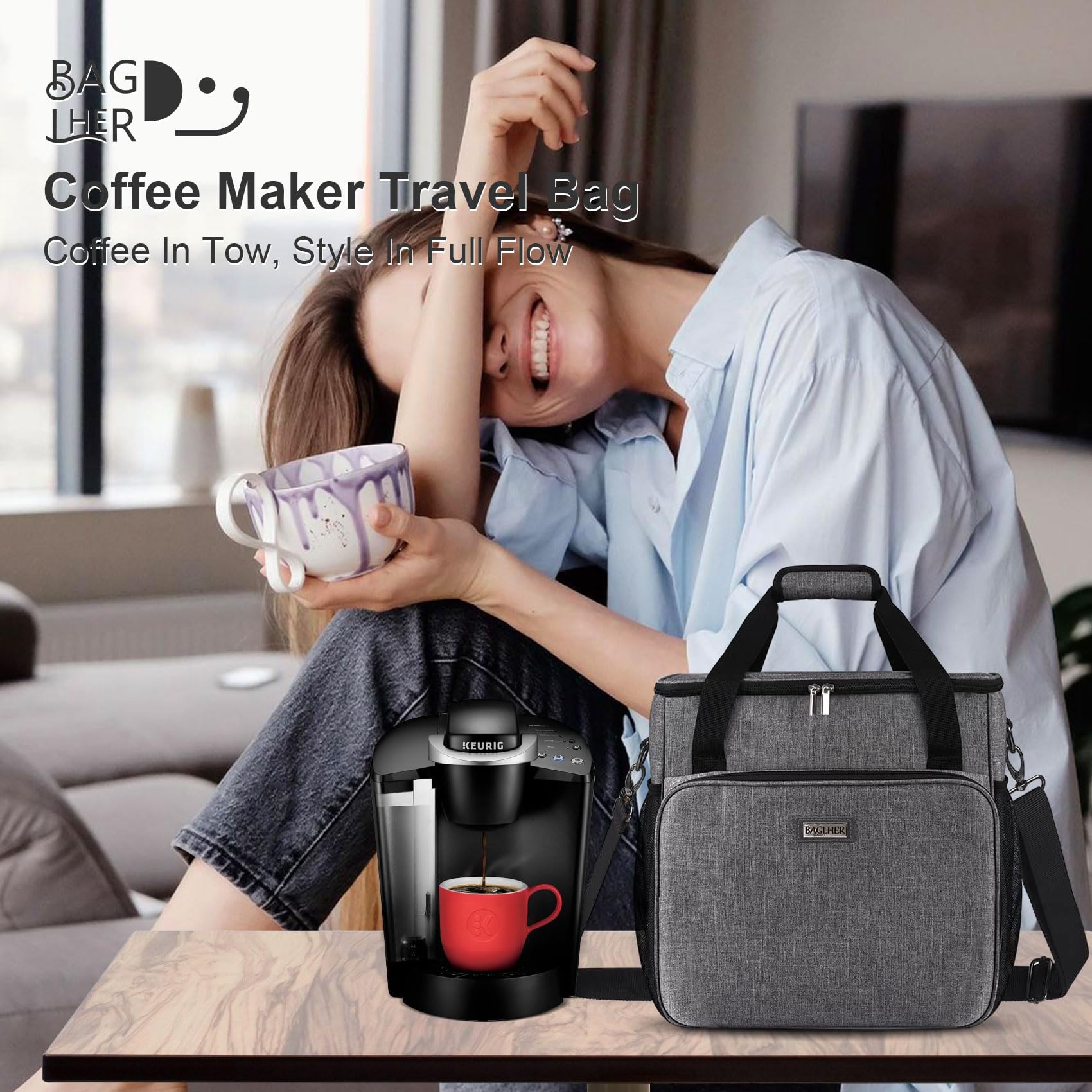 Premium Travel Coffee Maker Bag - Compatible with Keurig K-Classic, K-Elite & K-Compact | Portable Keurig Accessories Case with Adjustable Shoulder Strap | Perfect for Camping, Office & Business Trips (Grey)
