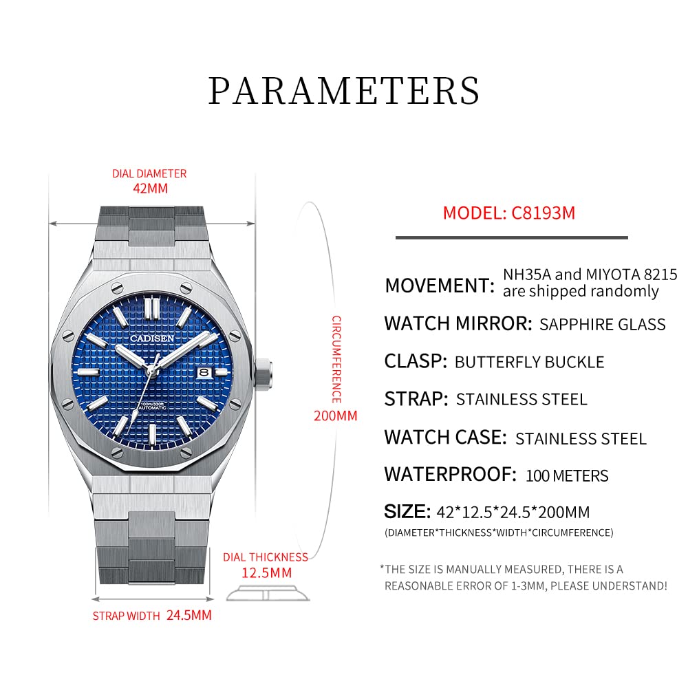 CADISEN Men's Automatic Watch NH35 Movement - Waterproof Sapphire for Business & Casual Wear