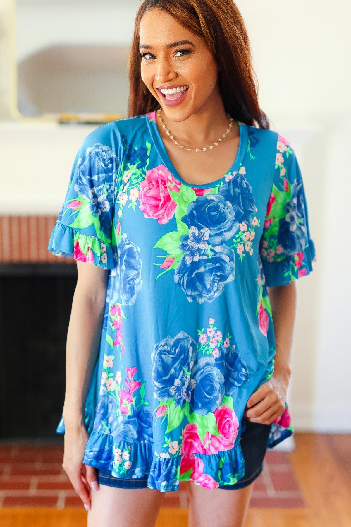 Playful Blue Floral Ruffle Sleeve & Hem Tunic Top for Women - Casual Summer Blouse for Beach, Date Night & Boho Outfits