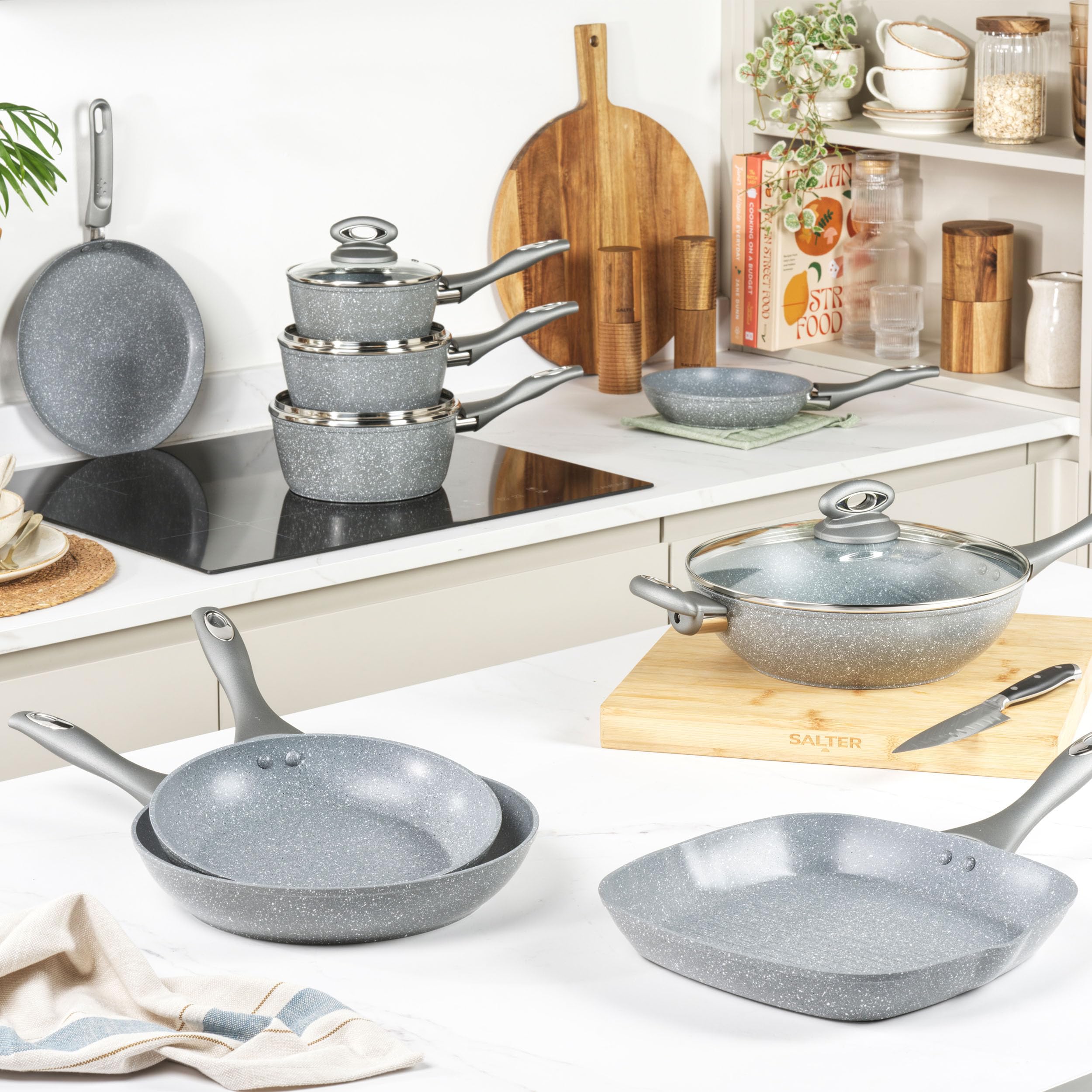 Premium Salter Marblestone 4-Piece Nonstick Cookware Set - 16cm, 18cm, 20cm Sauce Pans with Lids & 24cm Frying Pan | PFOA-Free Forged Aluminum, Induction Compatible | Perfect for Everyday Cooking, Meal Prep & Family Dinners