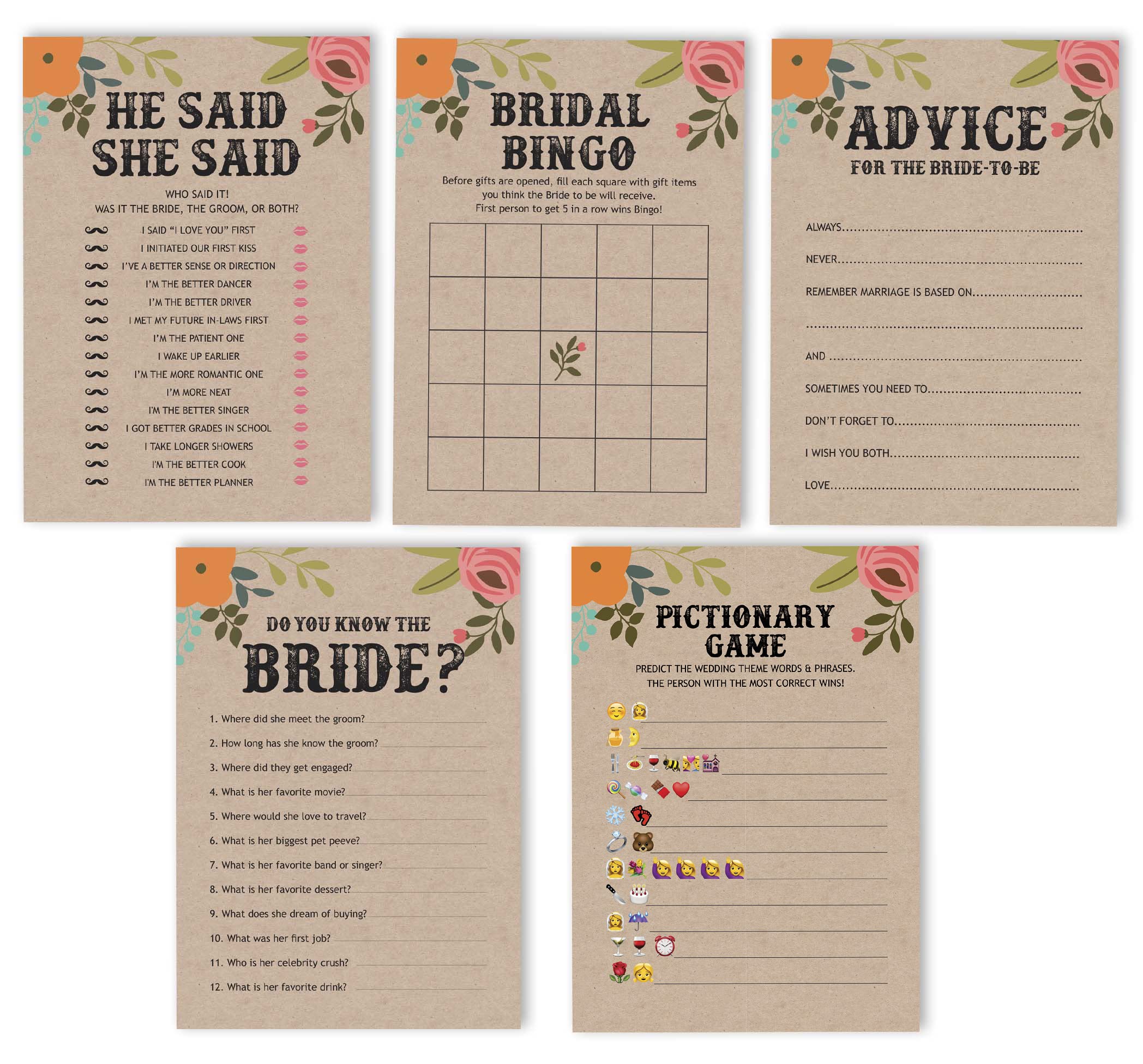 Bachelorette Party Games Set - 5 Fun Bridal Shower Activities for 50 Guests | Rustic Kraft Floral Theme | Perfect for Wedding Showers, Girls Night Out & Bridal Celebrations