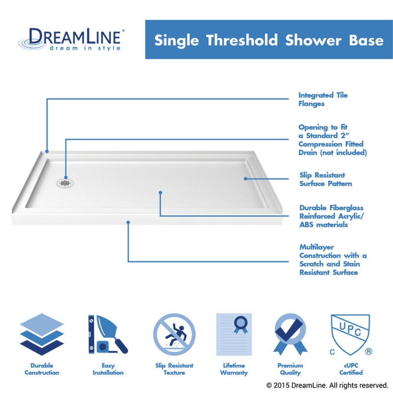 DreamLine SlimLine 30 x 60 x 2-3/4 Inch Left/Right Drain Single Threshold Shower Base - Perfect for Small Bathrooms & Space-Saving Designs