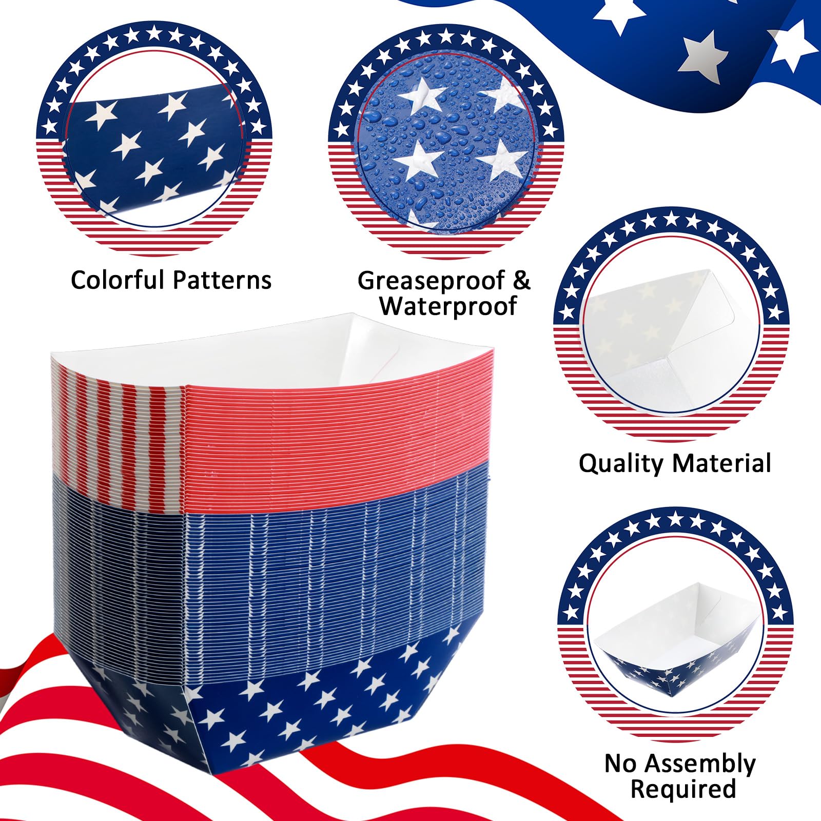 100 Pcs Patriotic Paper Serving Trays - American Flag Themed Food Boats (White, Blue, Red) for 4th of July, Labor Day & Veteran Day Parties - Perfect for BBQs, Picnics & Patriotic Events - Disposable Party Tableware for Festive Decorations