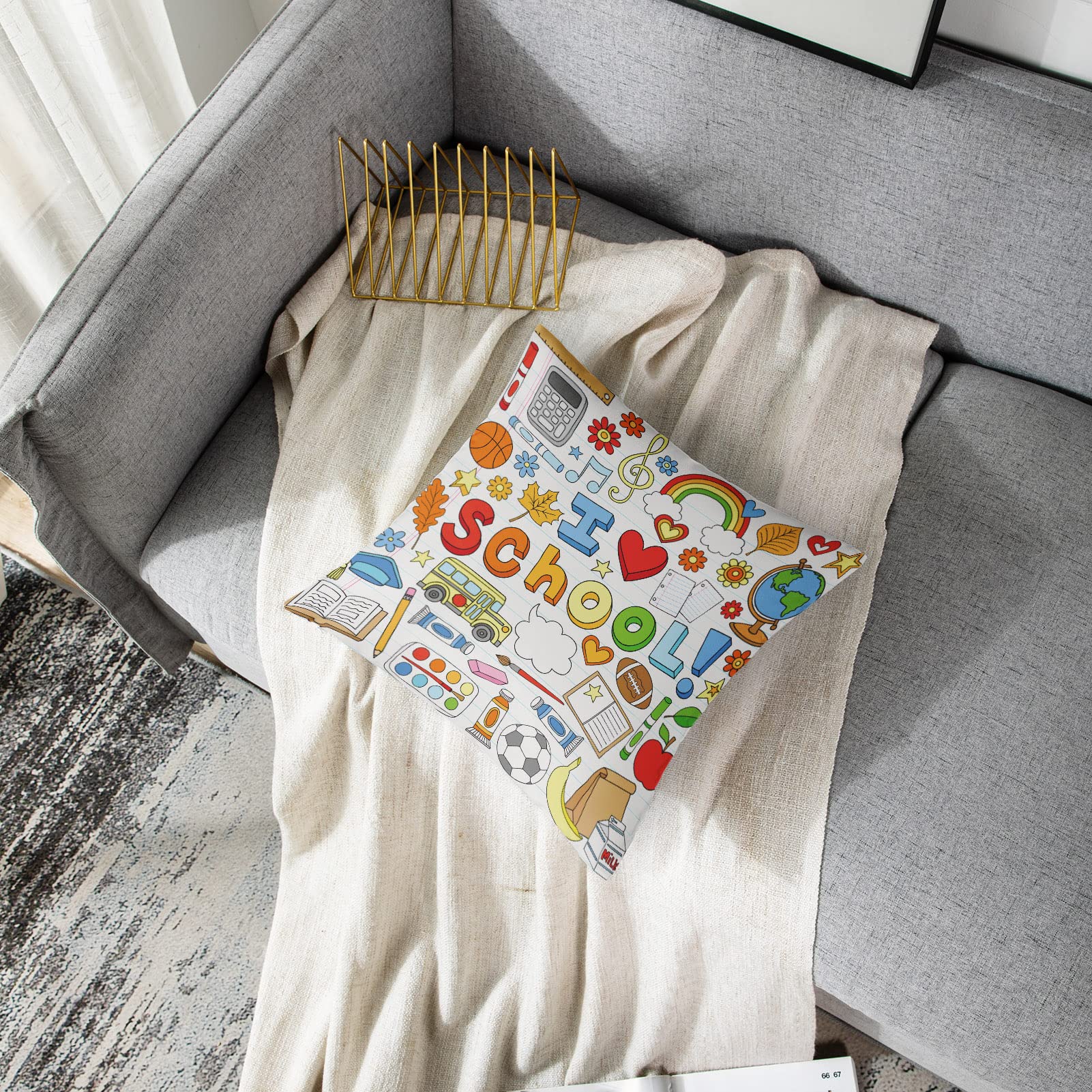 Emvency 18x18 Inch Brown Teacher Throw Pillow Cover - I Love School Doodles Design, Polyester Decorative Pillowcase with Hidden Zipper | Perfect for Classroom Decor, Teacher Appreciation Gifts & Cozy Home Decor