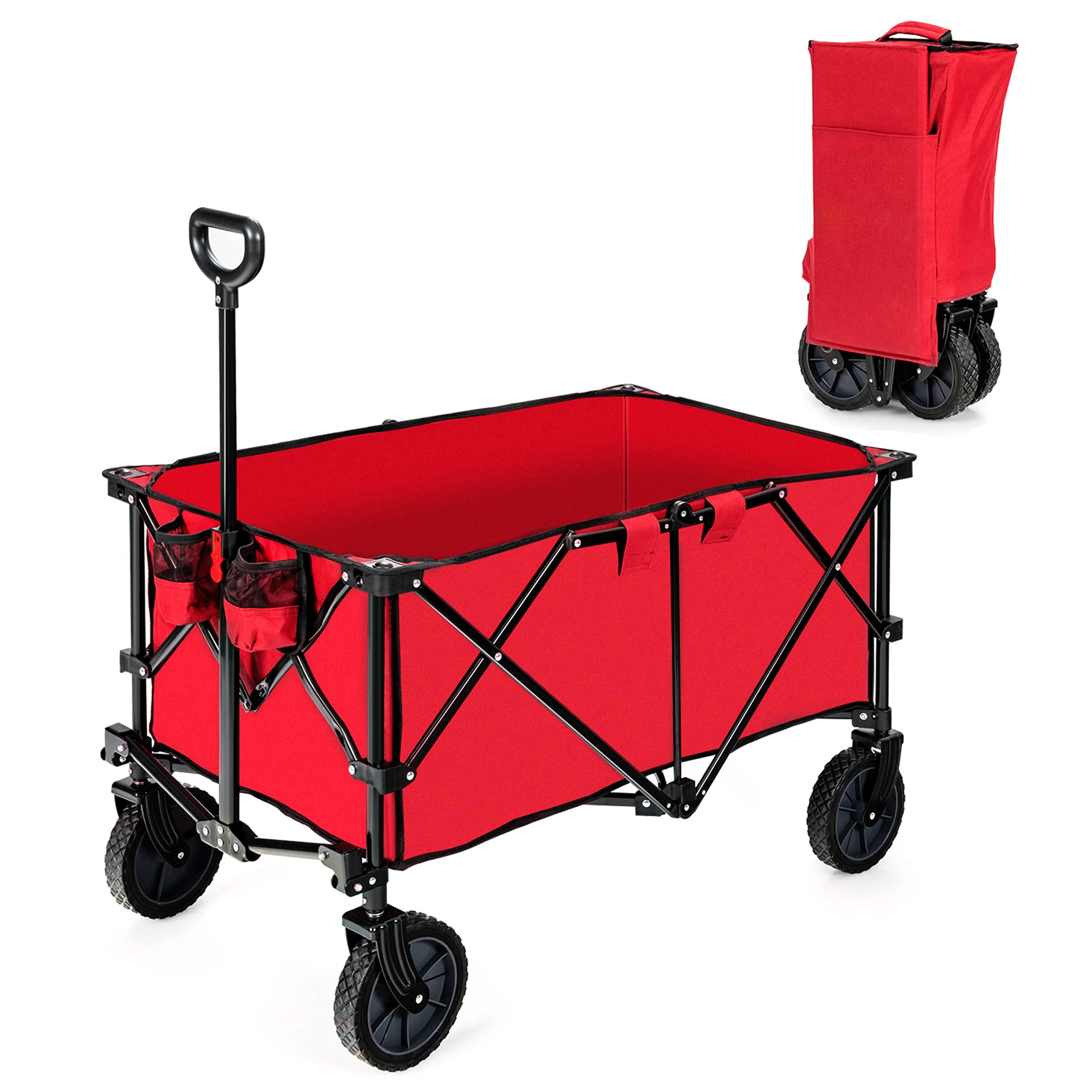 Heavy Duty Collapsible Wagon Cart with Universal Wheels & Adjustable Handle - Foldable Utility Cart for Camping, Grocery Shopping, Gardening, Beach Trips and Outdoor Adventures (Red) - Perfect for Picnics, Tailgating and Home Storage