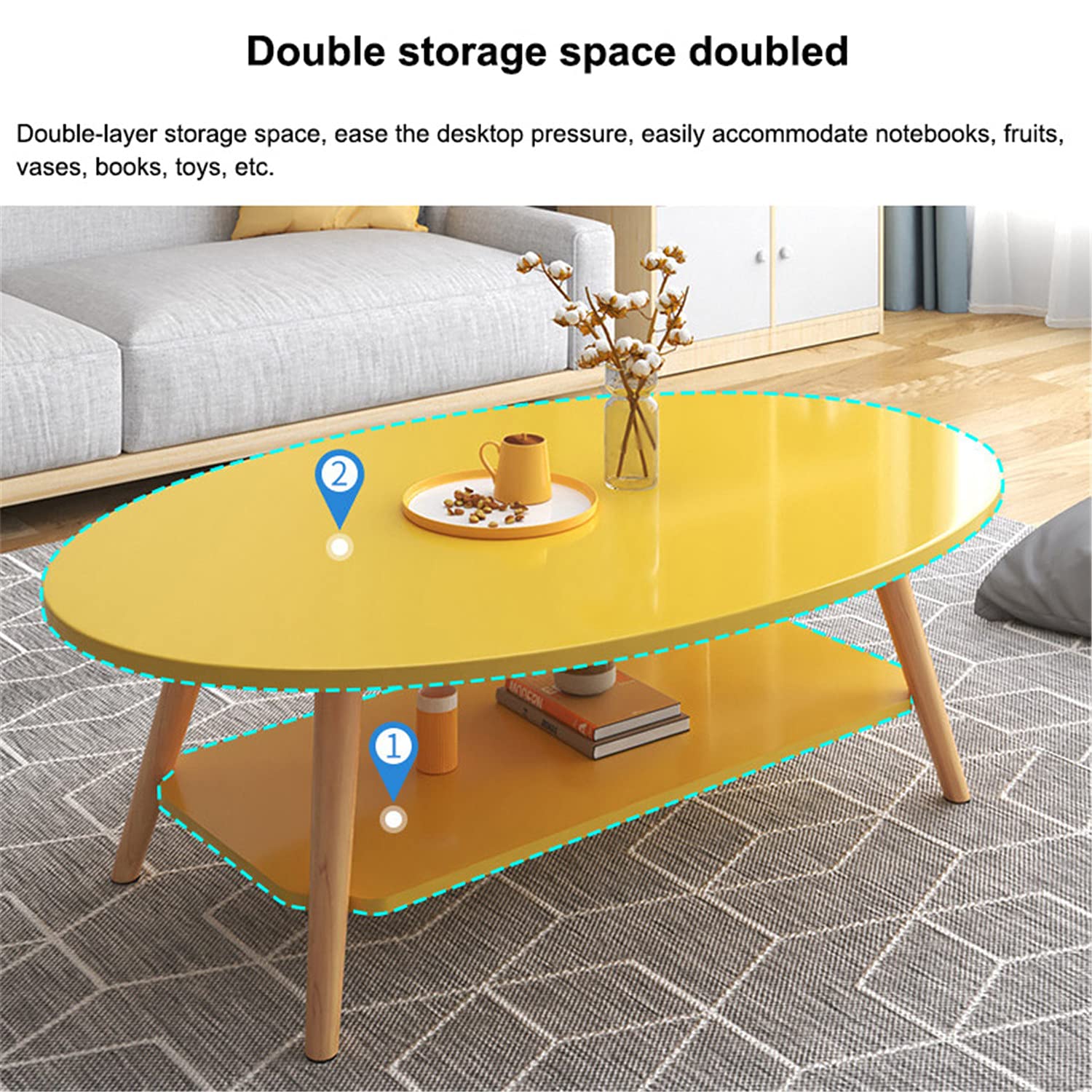 Modern Oval Coffee Table with Open Shelving - 2-Tier Wooden Sofa Table for Living Room Storage & Display | Simple Design Accent Furniture for Home Decor | Yellow Finish | Perfect for Small Spaces, Apartments & Cozy Living Areas
