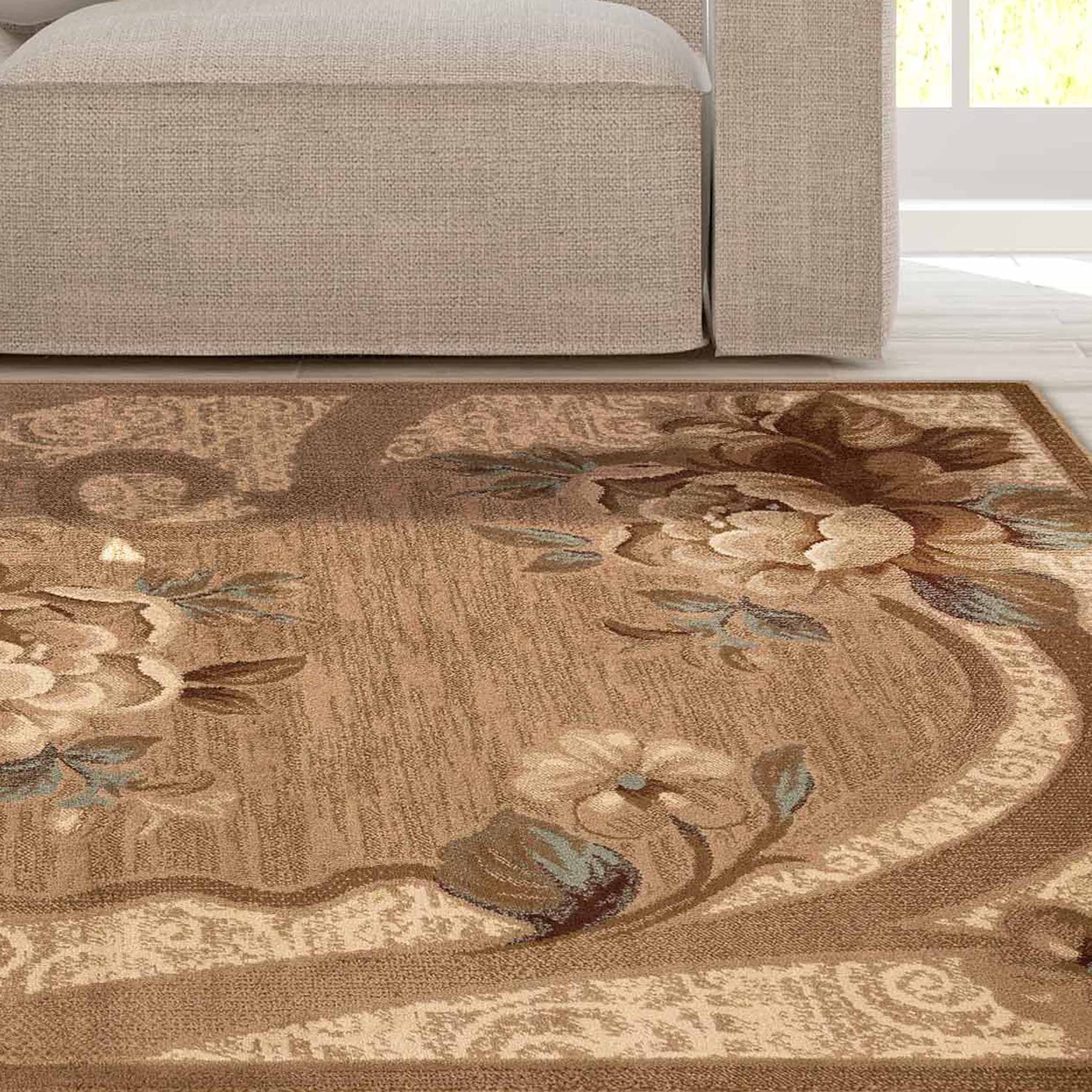 Premium Indoor Area Rug with Jute Backing - Soft Plush Modern Farmhouse Design for Entryway, Living Room, Kitchen & Bedroom | Floral Scroll Pattern (Rinceau Collection) 4' x 6' Brown Ivory - Perfect for Cozy Home Decor & High-Traffic Areas