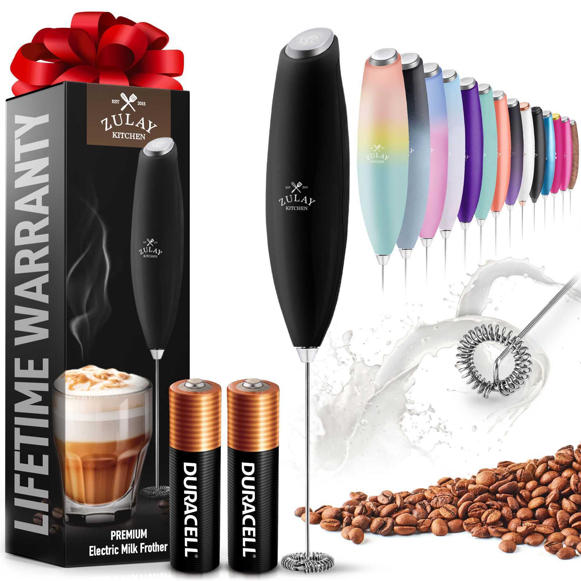 Zulay Kitchen Duracell Powered Milk Frother Wand - Durable Electric Drink Mixer with Z Motor Max Technology - Handheld Milk Foamer, Mini Blender & Coffee Whisk for Lattes, Hot Chocolate & Smoothies - Black