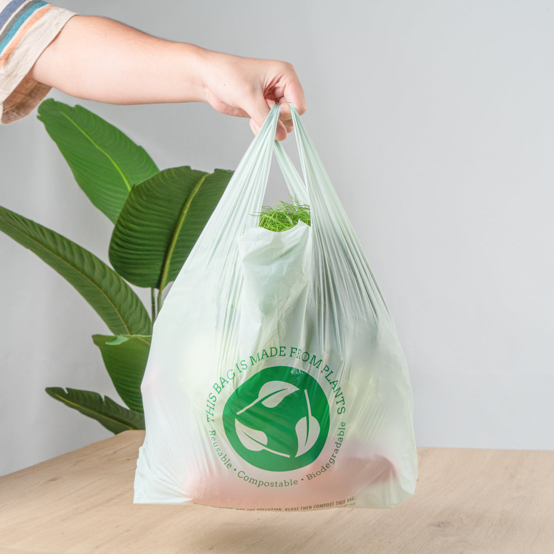 Eco-Friendly Compostable Green Plastic T-Shirt Bags - 1/6 Size (12