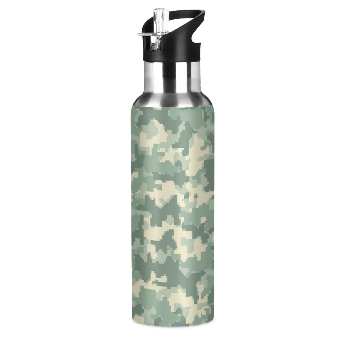 Qilmy 20oz Stainless Steel Vacuum Insulated Water Bottle with Straw Lid - Leakproof Camouflage Thermo Flask for Gym, Hiking & Outdoor Sports
