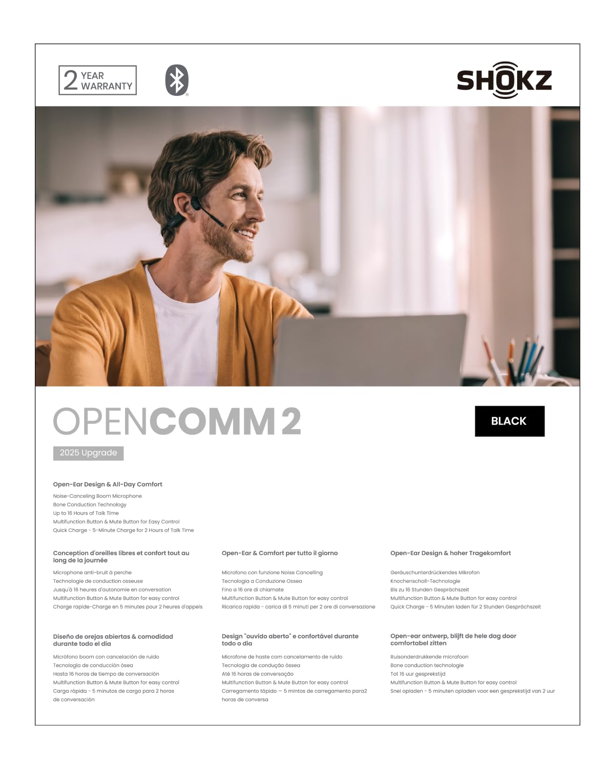 OpenComm2 2025 Upgrade - Wireless Open-Ear Bone Conduction Bluetooth Headphones with Noise Canceling Mic & Mute Button, 16-Hour Battery Life for Work Calls, Meetings, Mobile & PC (Model C120) - Perfect for Office, Remote Work, Gym, and Outdoor Activities